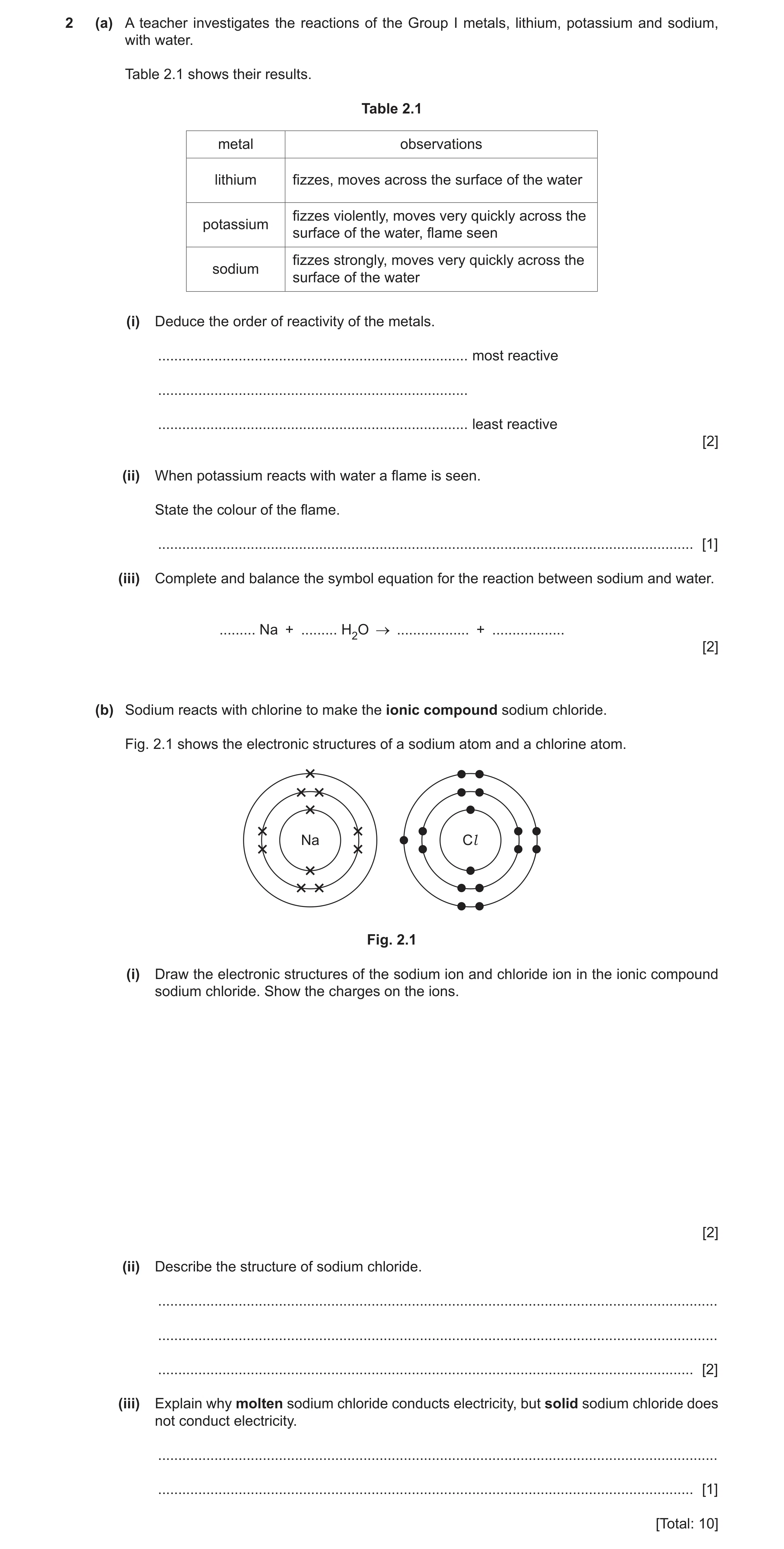 Question 23: (a) A teacher investigates the reactions of the Group I metals, lithium, potassium and sodium, with water. Table 2.1 shows their results. T…