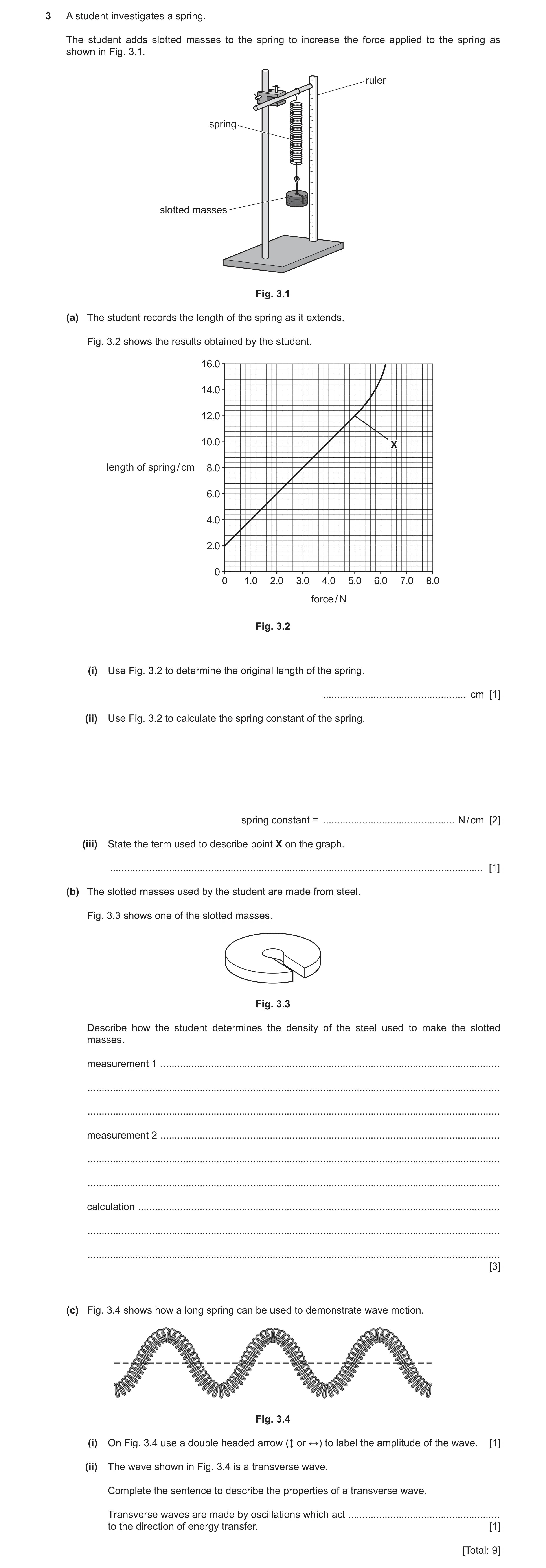 Question 12: A student investigates a spring. The student adds slotted masses to the spring to increase the force applied to the spring as shown in Fig.…