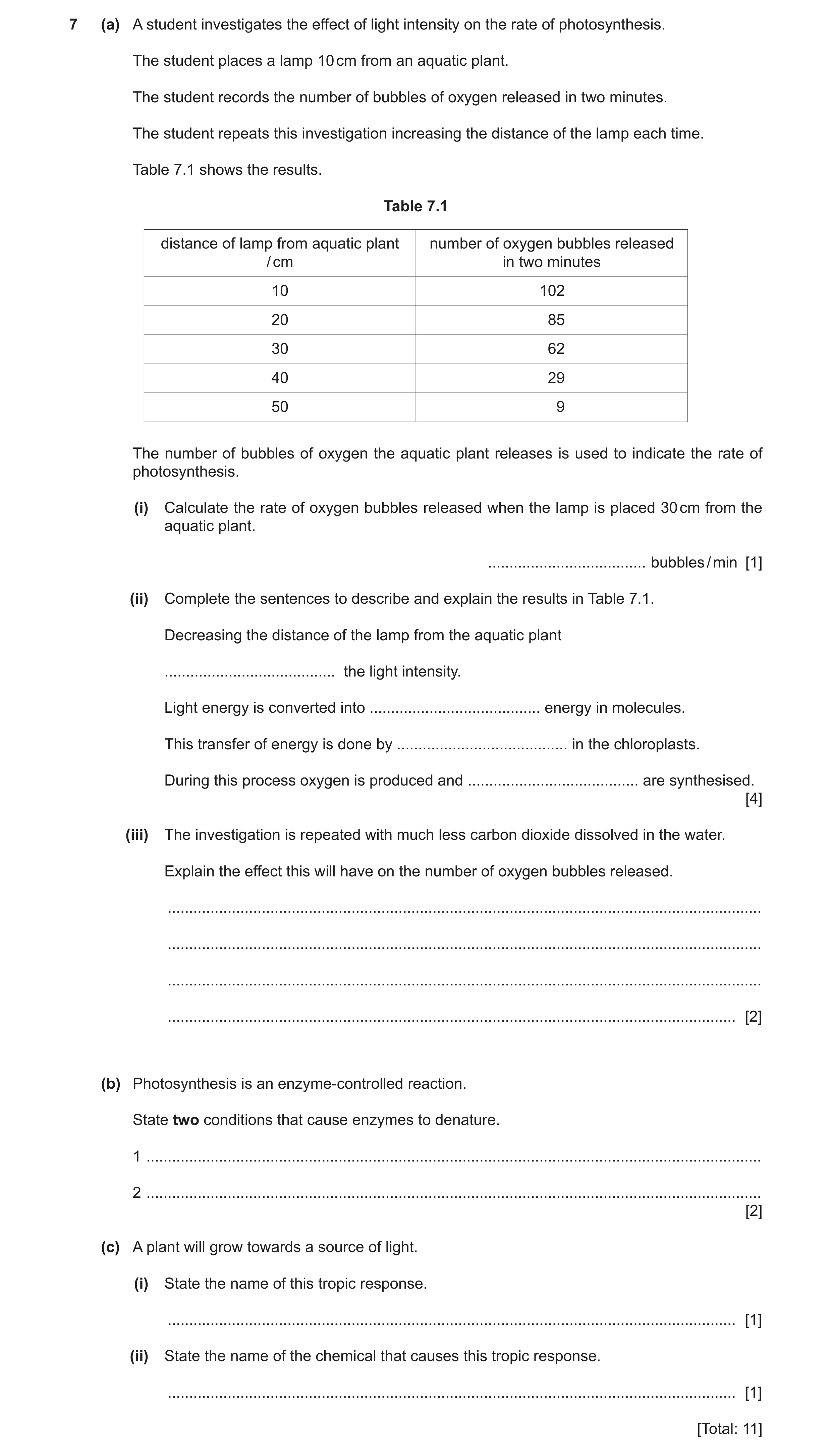 Question 22: (a) A student investigates the effect of light intensity on the rate of photosynthesis. The student places a lamp 10 cm from an aquatic pla…