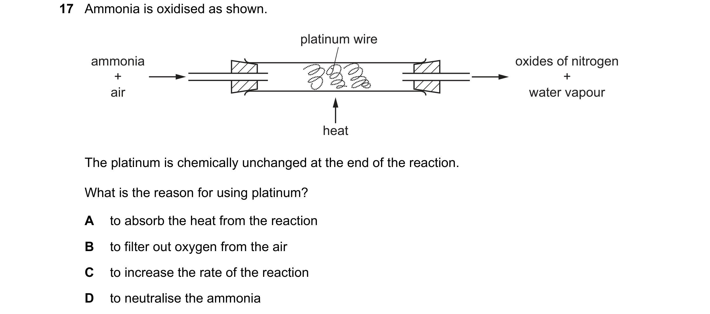Question 6: Ammonia is oxidised as shown. platinum wire ammonia oxides of nitrogen + + air water vapour heat The platinum is chemically unchanged at th…
