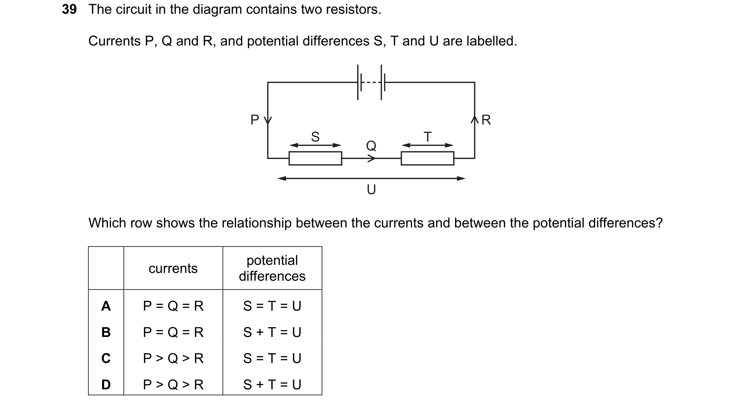 Question 6: The circuit in the diagram contains two resistors. Currents P, Q and R, and potential differences S, T and U are labelled. P R S T Q U Whic…
