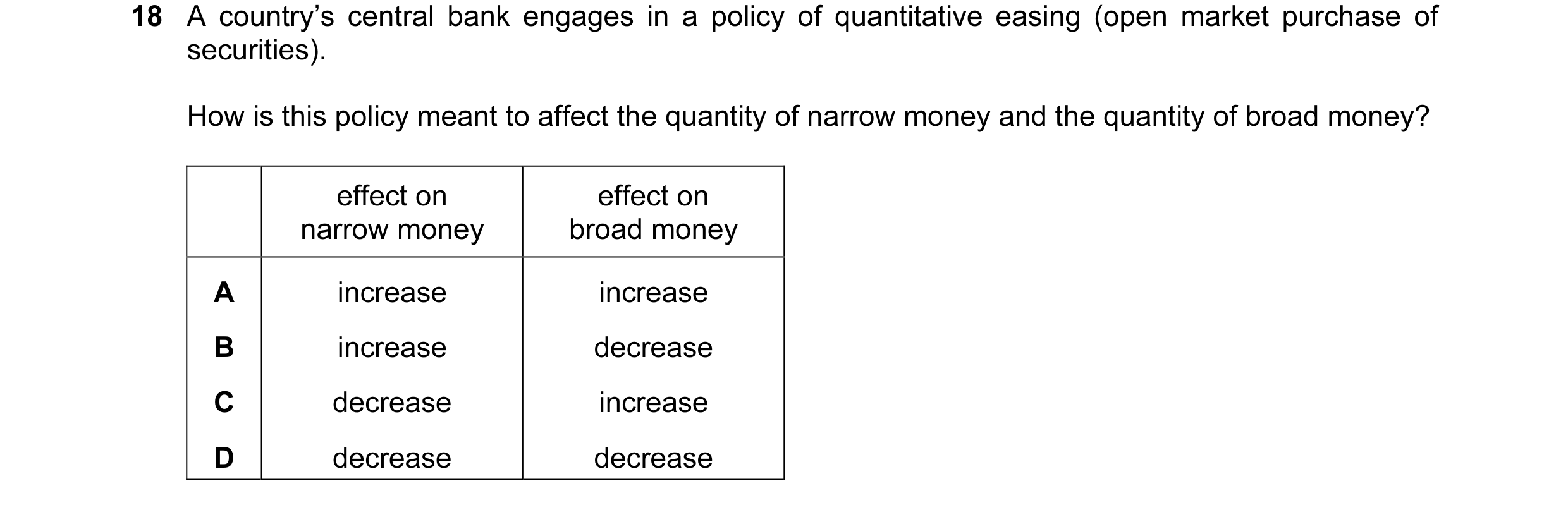 Question 72: A country’s central bank engages in a policy of quantitative easing (open market purchase of securities). How is this policy meant to affec…