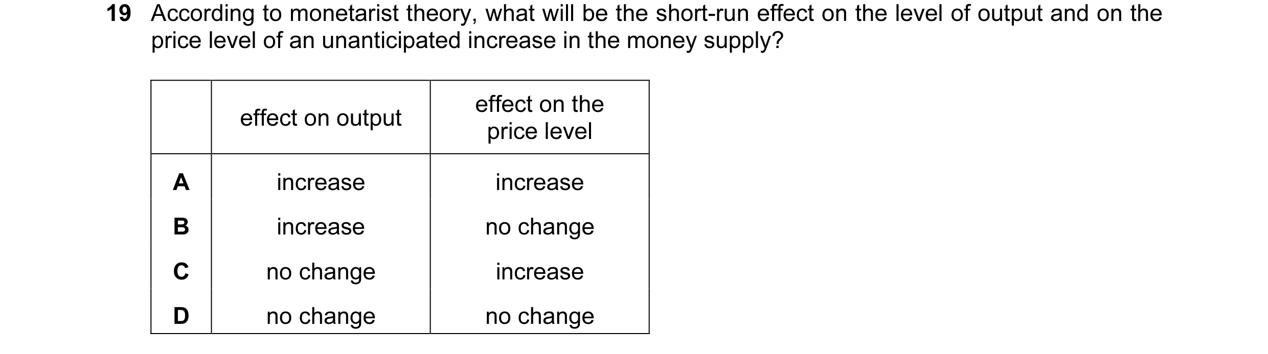 Question 73: According to monetarist theory, what will be the short-run effect on the level of output and on the price level of an unanticipated increas…