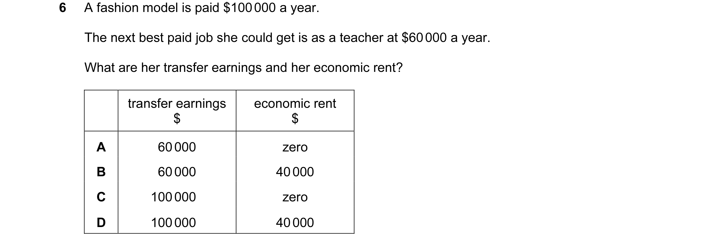 Question 60: A fashion model is paid $100 000 a year. The next best paid job she could get is as a teacher at $60 000 a year. What are her transfer earn…