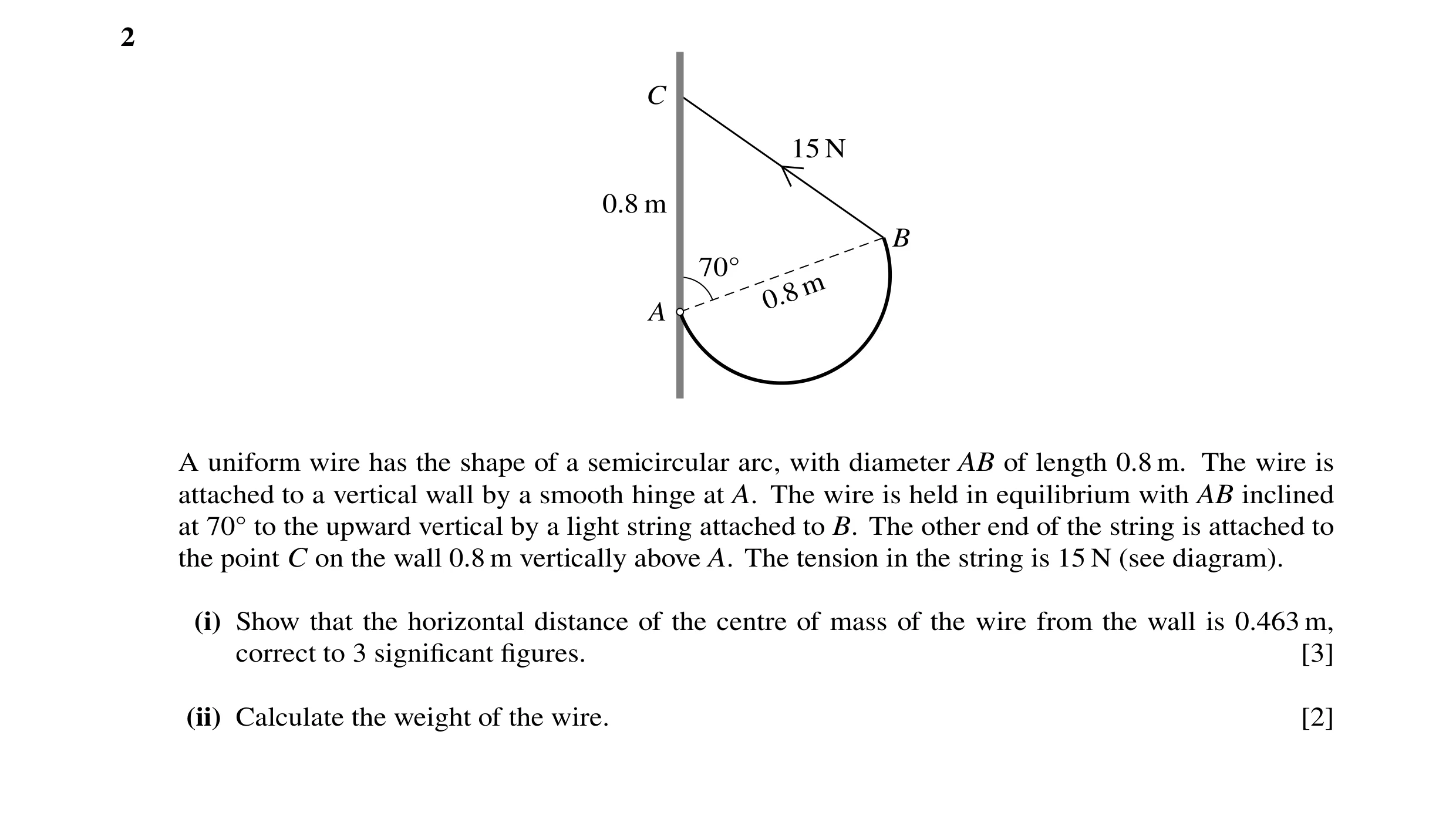 Question 128: C 15 N 0.8 m B 70Å m 0.8 A A uniform wire has the shape of a semicircular arc, with diameter AB of length 0.8 m. The wire is attached to a …