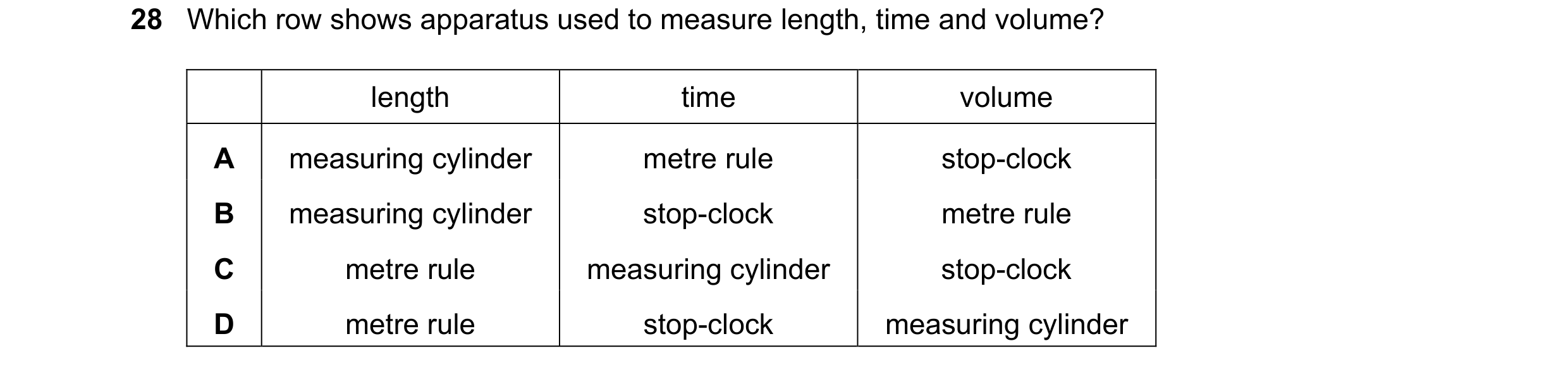 Question 38: Which row shows apparatus used to measure length, time and volume? length time volume A measuring cylinder metre rule stop-clock B measurin…