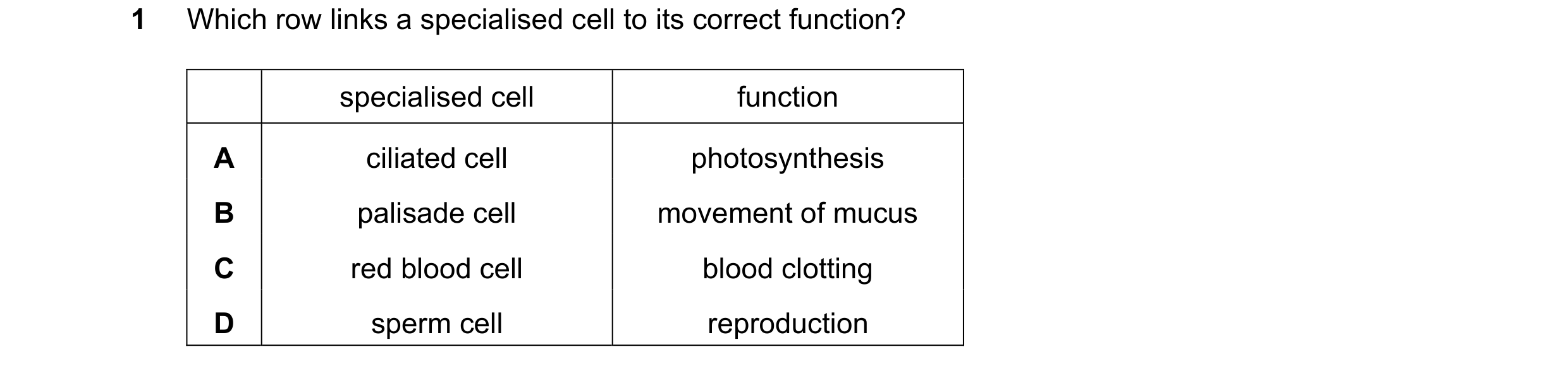 Question 27: Which row links a specialised cell to its correct function? specialised cell function A ciliated cell photosynthesis B palisade cell moveme…