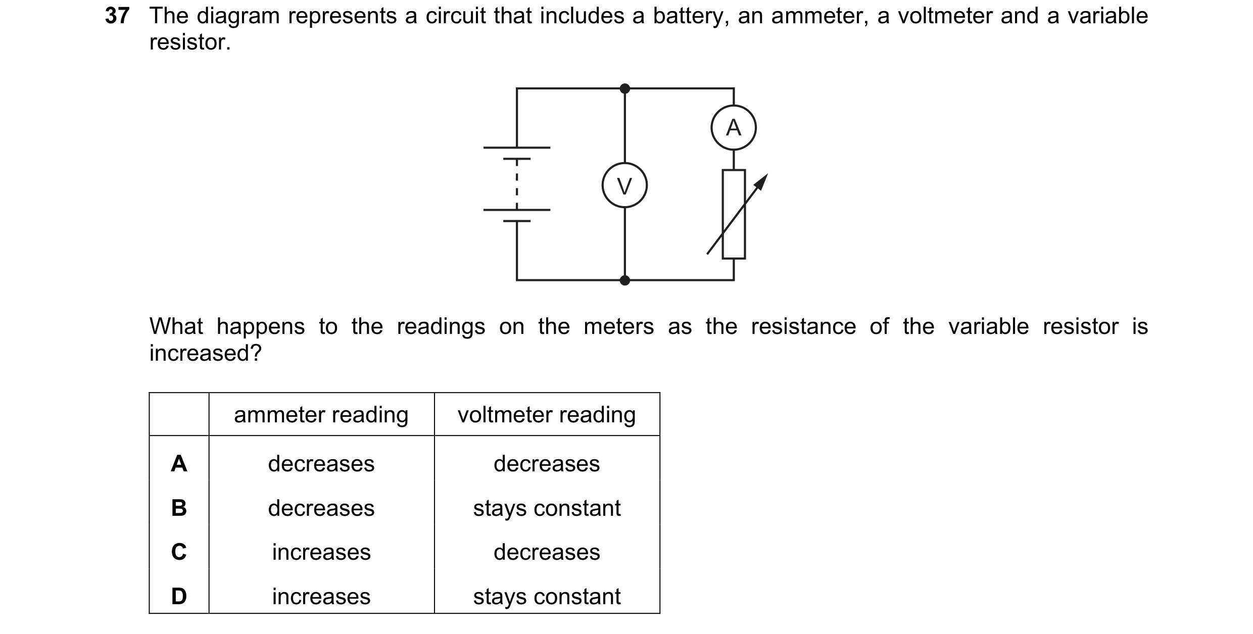 Question 44: The diagram represents a circuit that includes a battery, an ammeter, a voltmeter and a variable resistor. A V What happens to the readings…