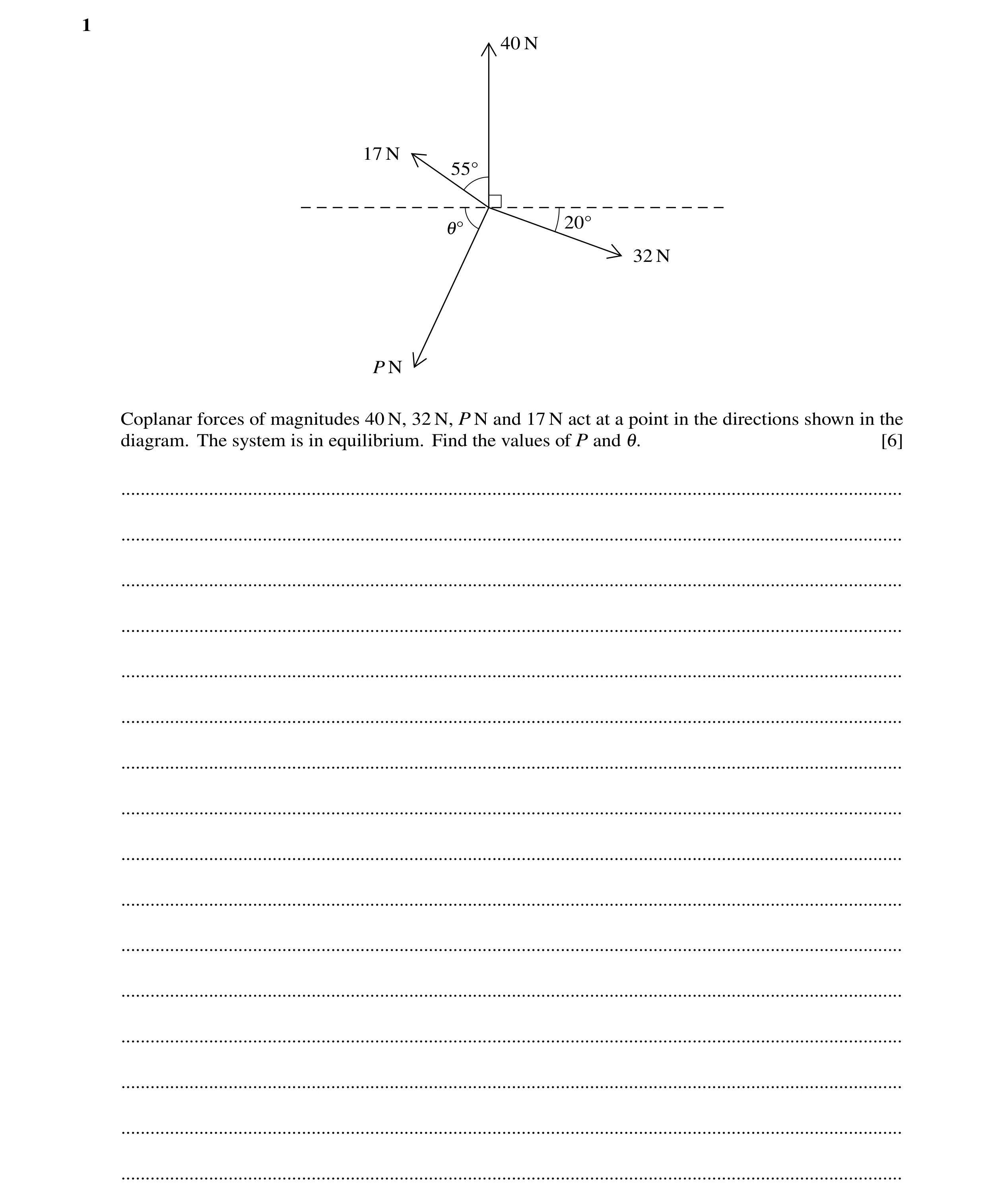 Question 131: 40 N 17 N 55Å 20Å 1Å 32 N P N Coplanar forces of magnitudes 40 N, 32 N, P N and 17 N act at a point in the directions shown in the diagram.…