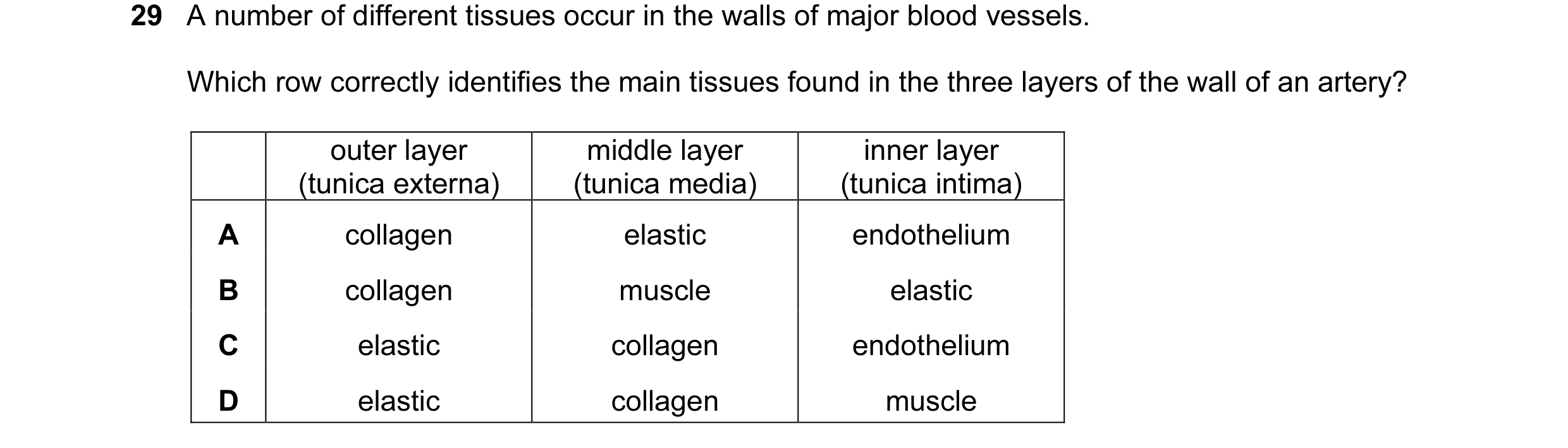 Question 39: A number of different tissues occur in the walls of major blood vessels. Which row correctly identifies the main tissues found in the three…