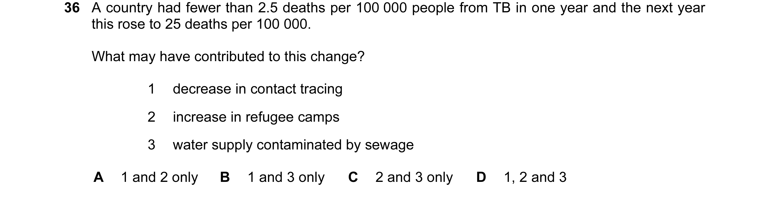 Question 46: A country had fewer than 2.5 deaths per 100 000 people from TB in one year and the next year this rose to 25 deaths per 100 000. What may h…