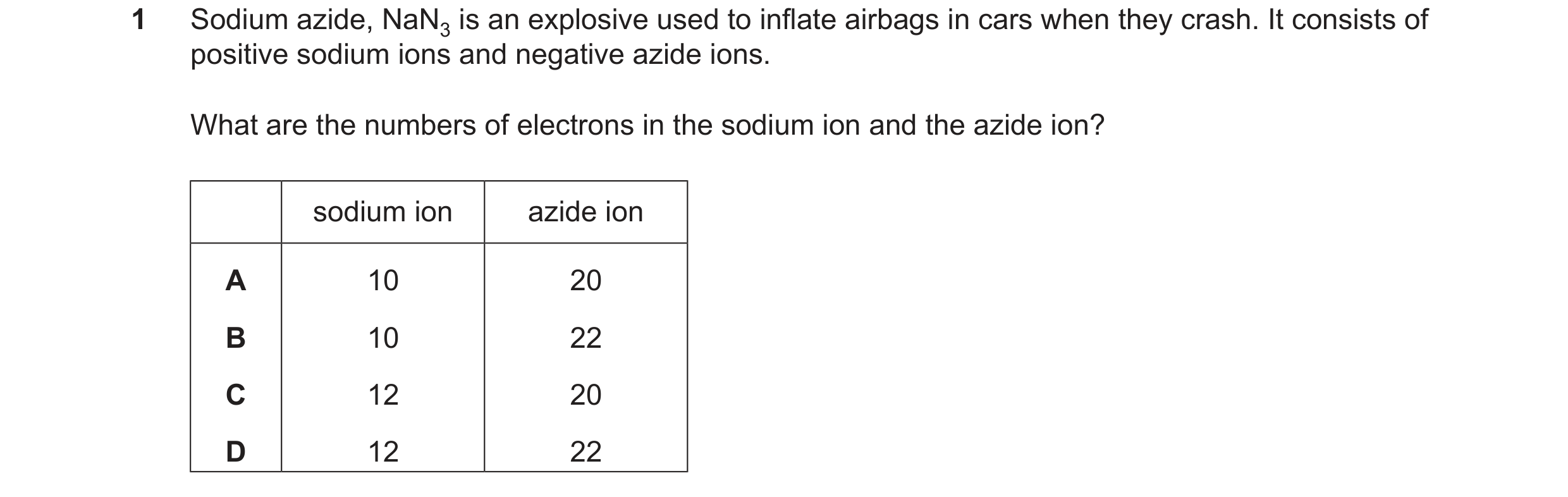 Question 109: Sodium azide, NaN3 is an explosive used to inflate airbags in cars when they crash. It consists of positive sodium ions and negative azide …