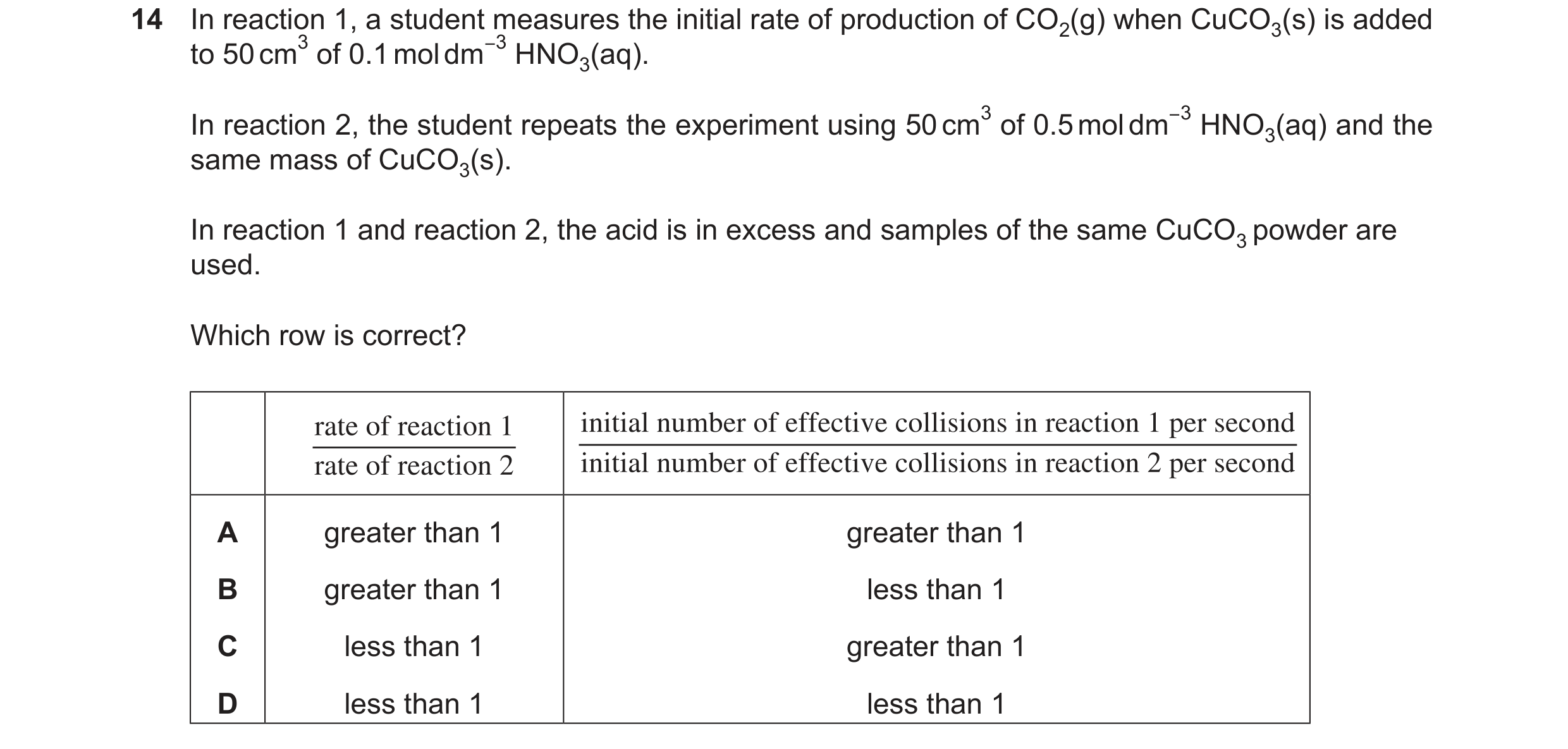 Question 69: In reaction 1, a student measures the initial rate of production of CO2(g) when CuCO3(s) is added to 50cm3 of 0.1moldm−3 HNO3(aq). In react…