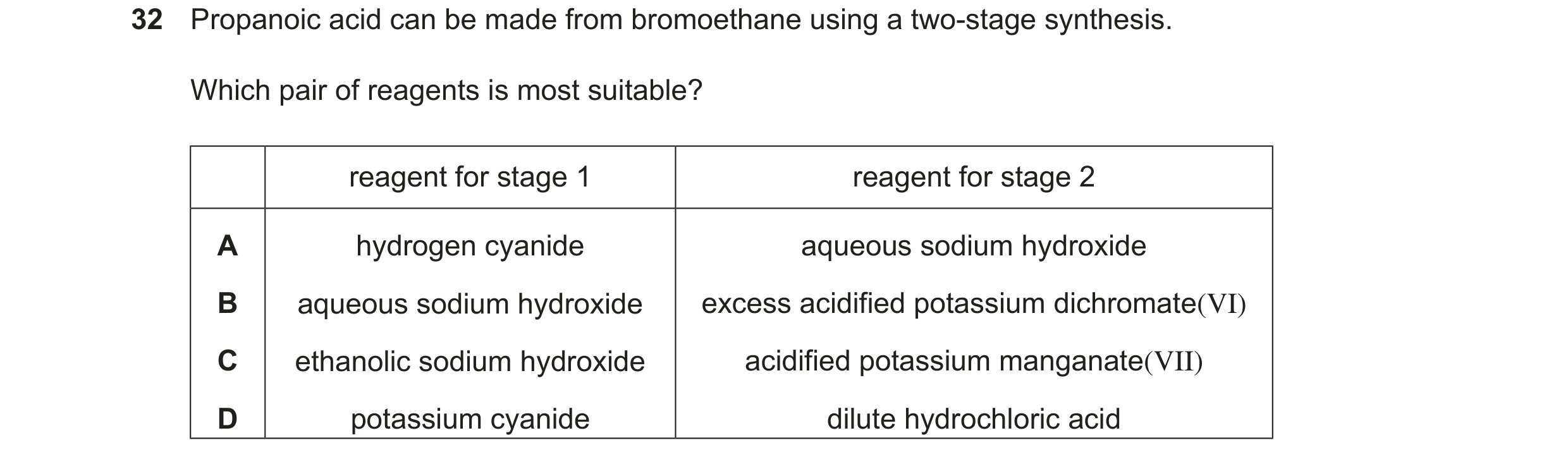 Question 109: Propanoic acid can be made from bromoethane using a two-stage synthesis. Which pair of reagents is most suitable? reagent for stage 1 reage…