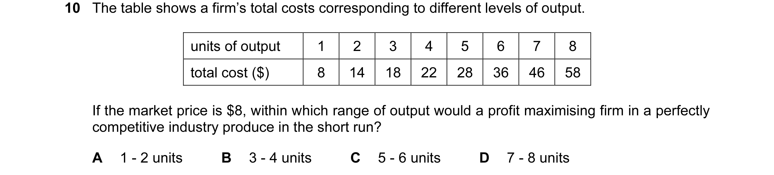Question 65: The table shows a firm’s total costs corresponding to different levels of output. units of output 1 2 3 4 5 6 7 8 total cost ($) 8 14 18 22…