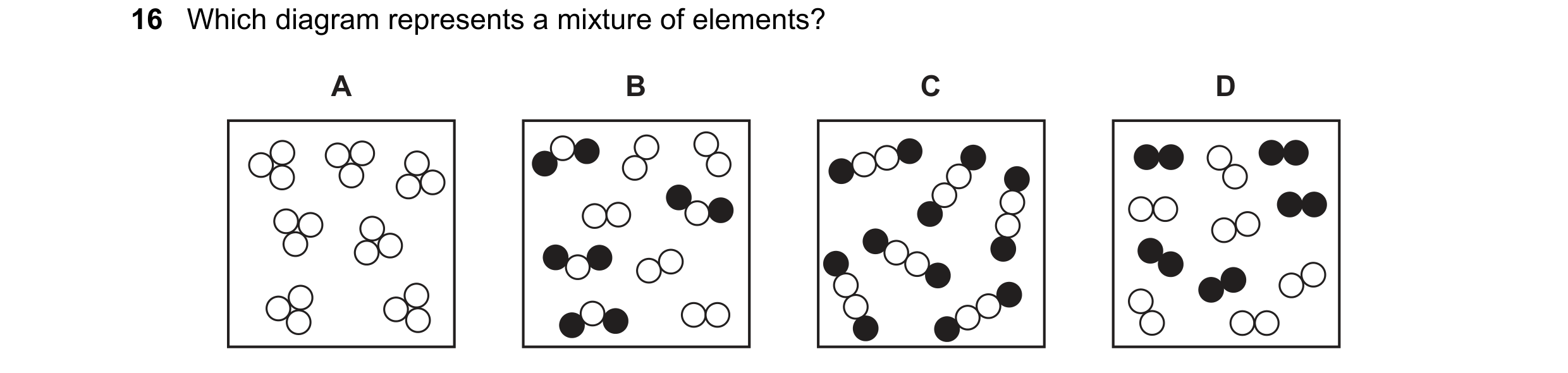 Question 60: Which diagram represents a mixture of elements? A B C D