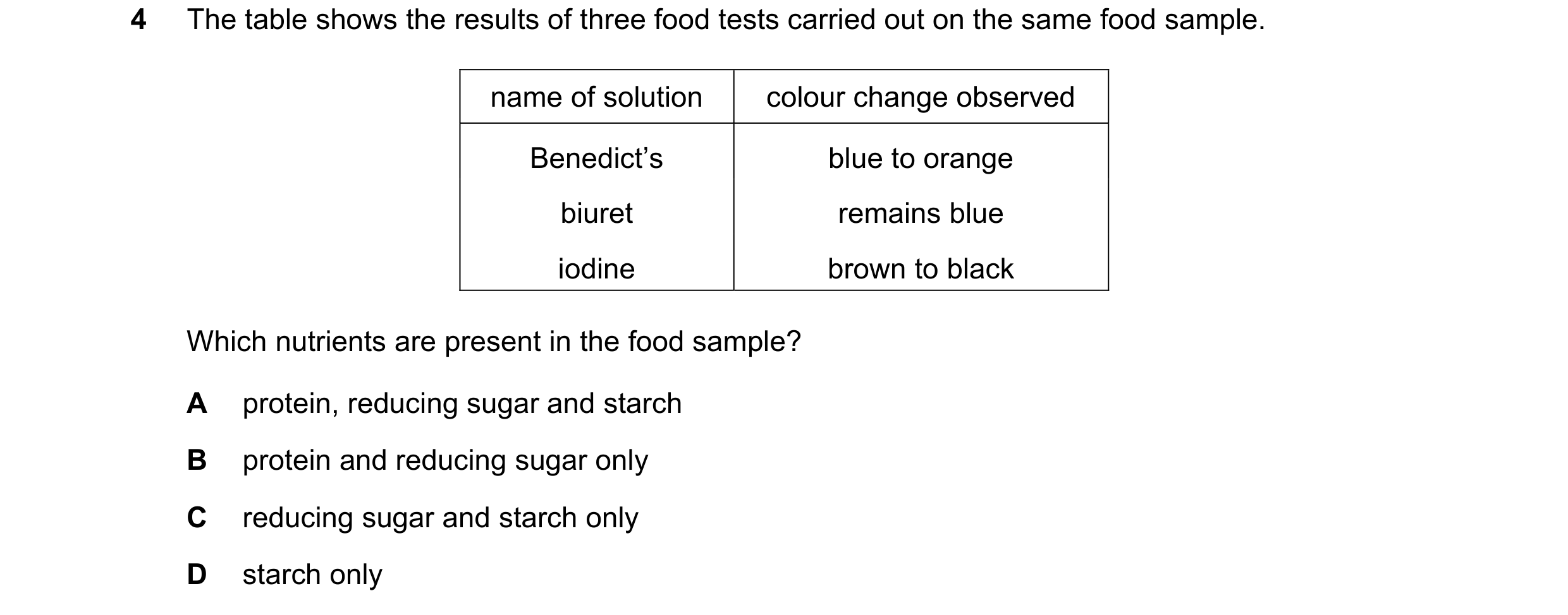 Question 41: The table shows the results of three food tests carried out on the same food sample. name of solution colour change observed Benedict’s blu…