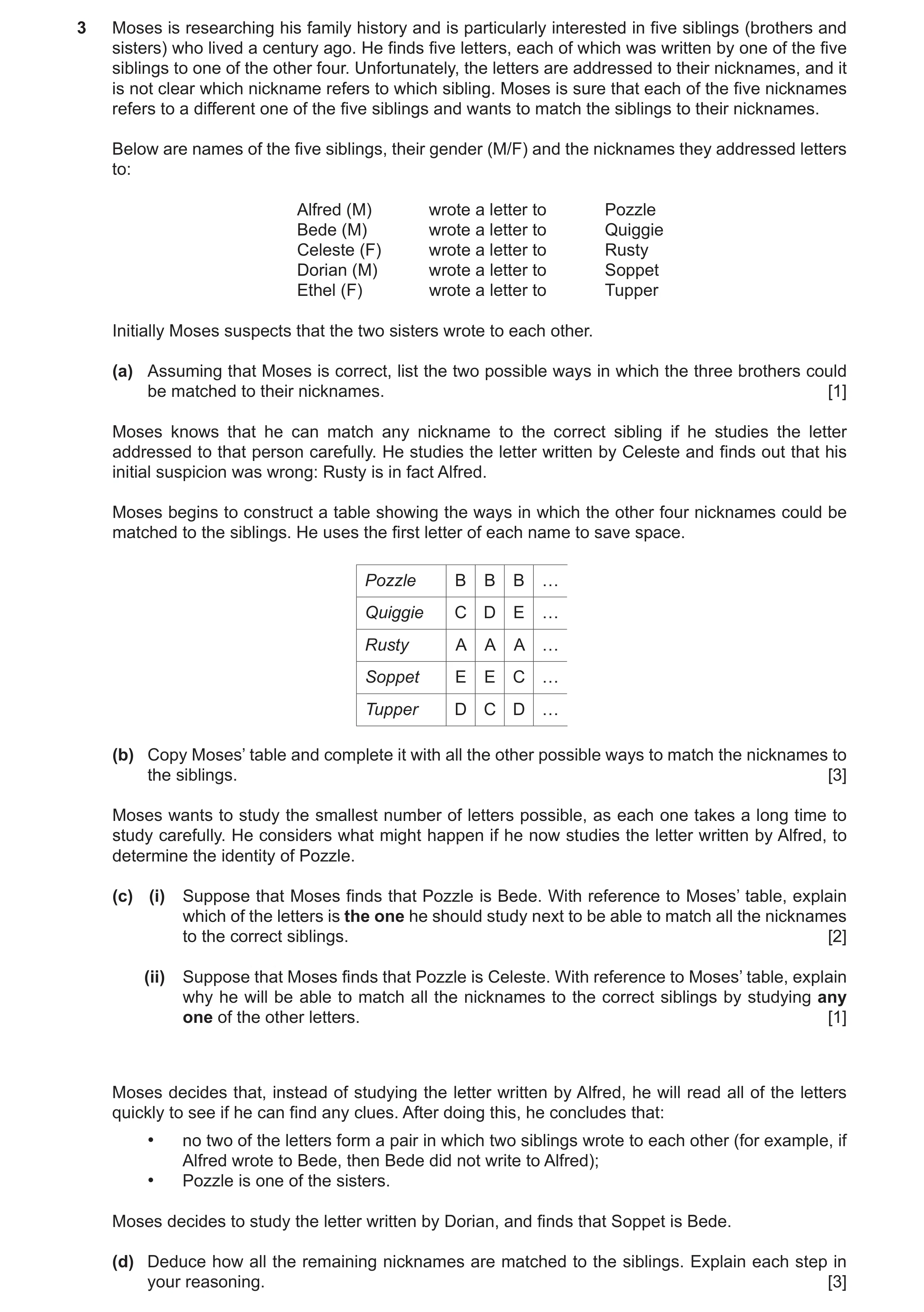 Question 85: Moses is researching his family history and is particularly interested in five siblings (brothers and sisters) who lived a century ago. He …