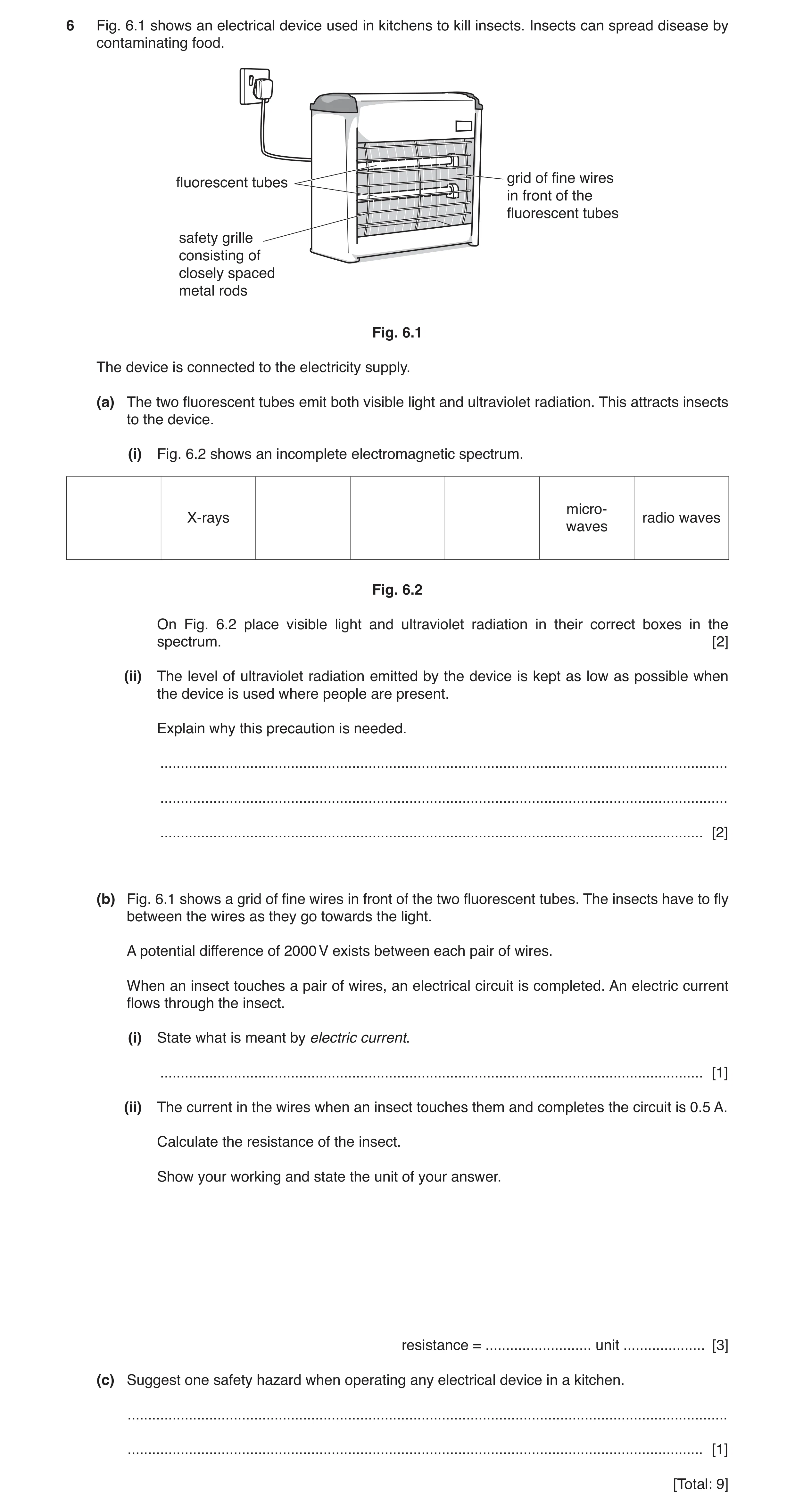 Question 2: Fig. 6.1 shows an electrical device used in kitchens to kill insects. Insects can spread disease by contaminating food. grid of fine wires …