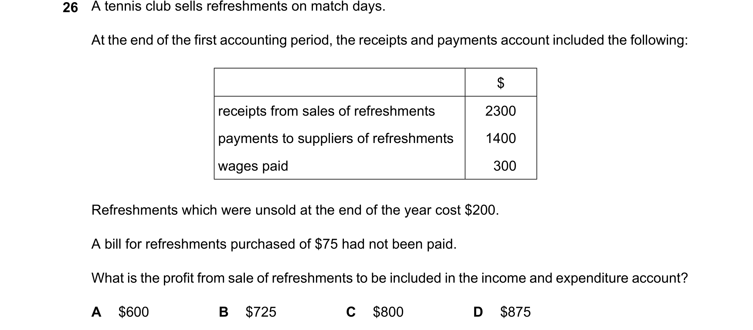Question 60: At the end of the first accounting period, the receipts and payments account included the following: $ receipts from sales of refreshments …