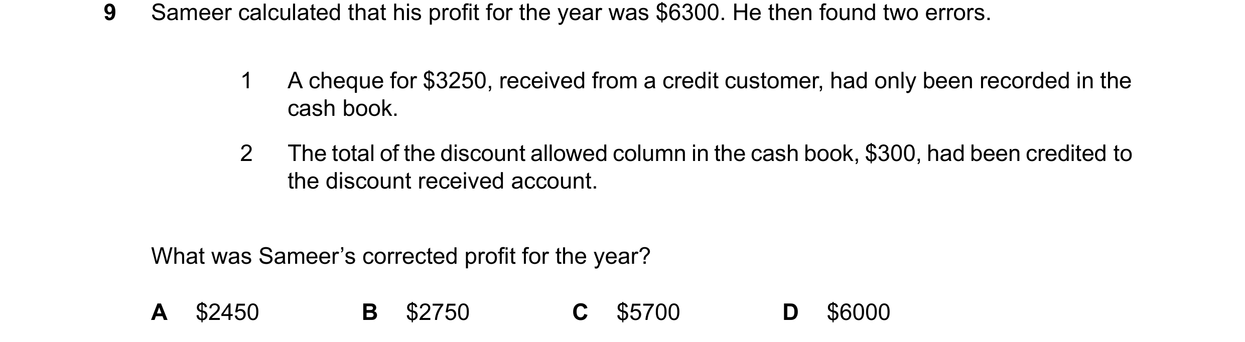 Question 141: Sameer calculated that his profit for the year was $6300. He then found two errors. 1 A cheque for $3250, received from a credit customer, …