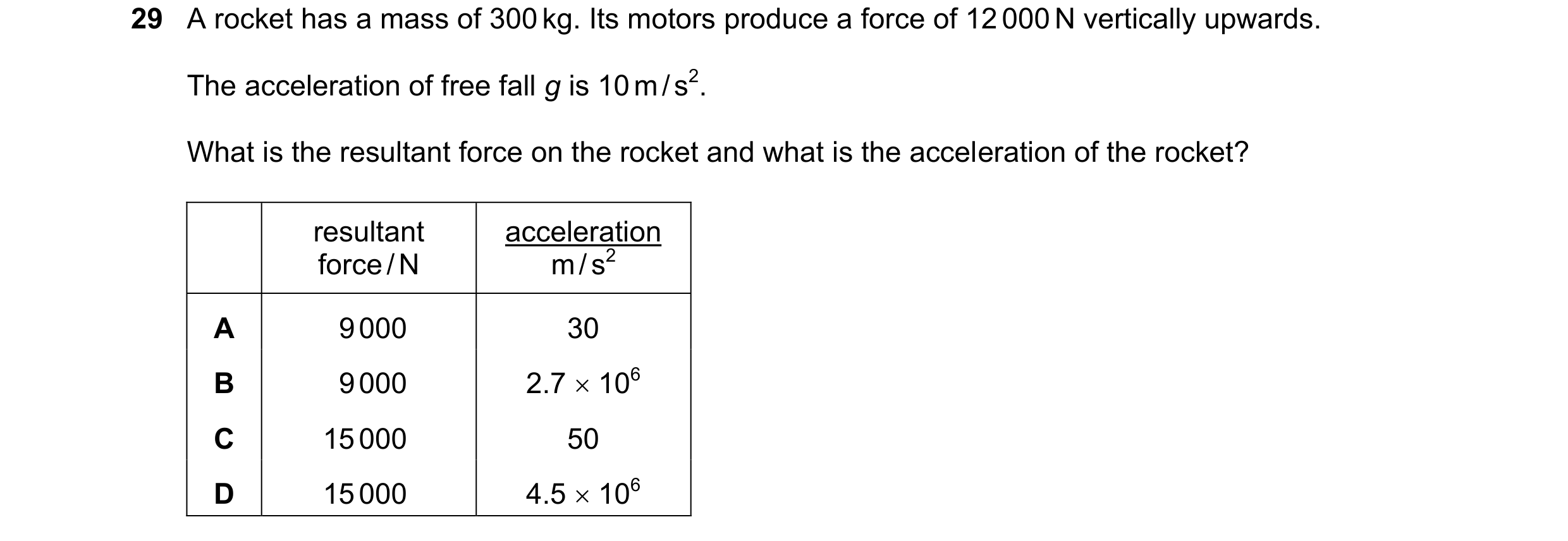 Question 16: A rocket has a mass of 300 kg. Its motors produce a force of 12 000 N vertically upwards. The acceleration of free fall g is 10 m / s2. Wha…