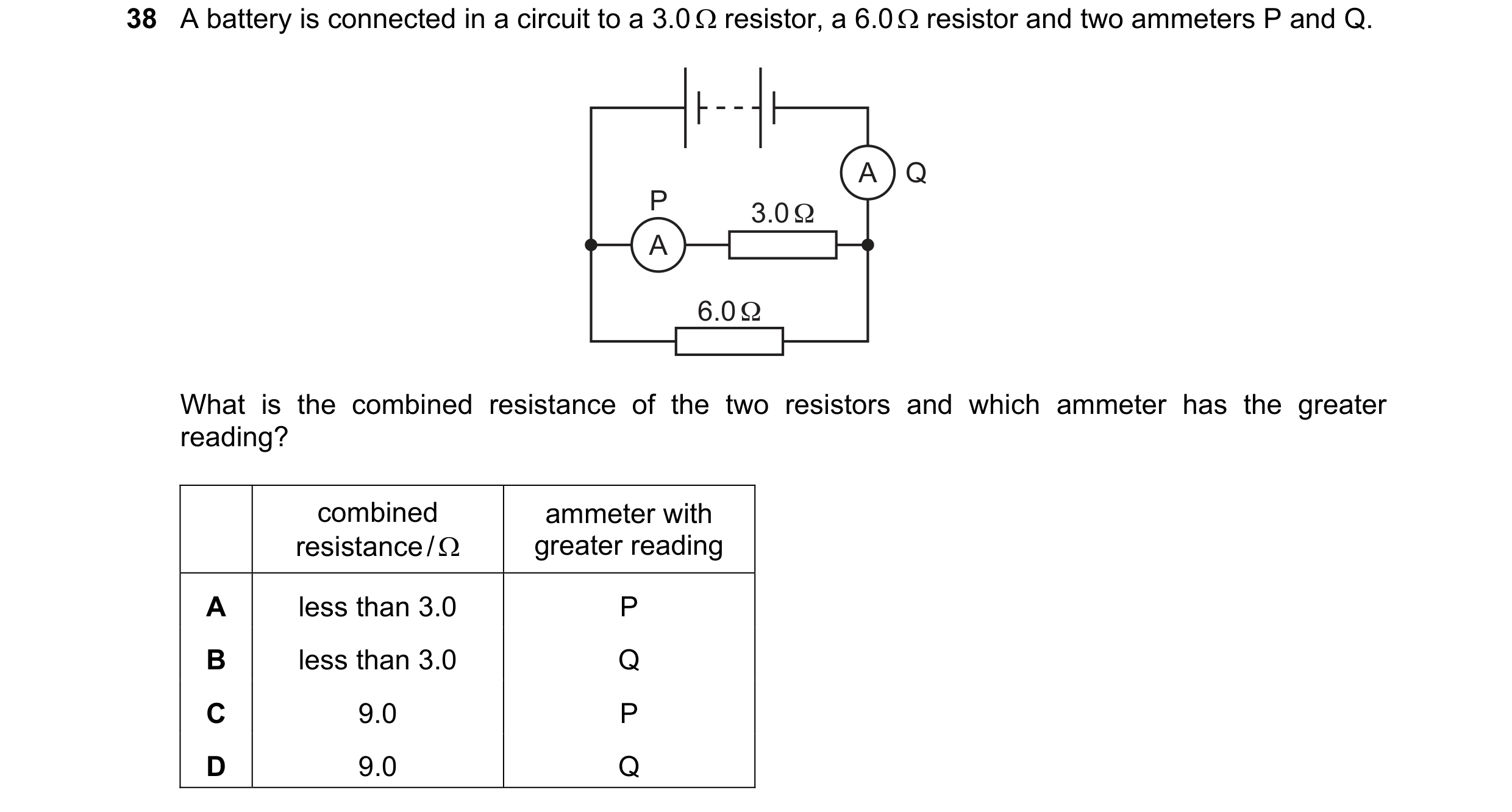 Question 14: A battery is connected in a circuit to a 3.0  resistor, a 6.0  resistor and two ammeters P and Q. A Q P 3.0 Ω A 6.0 Ω What is the combine…