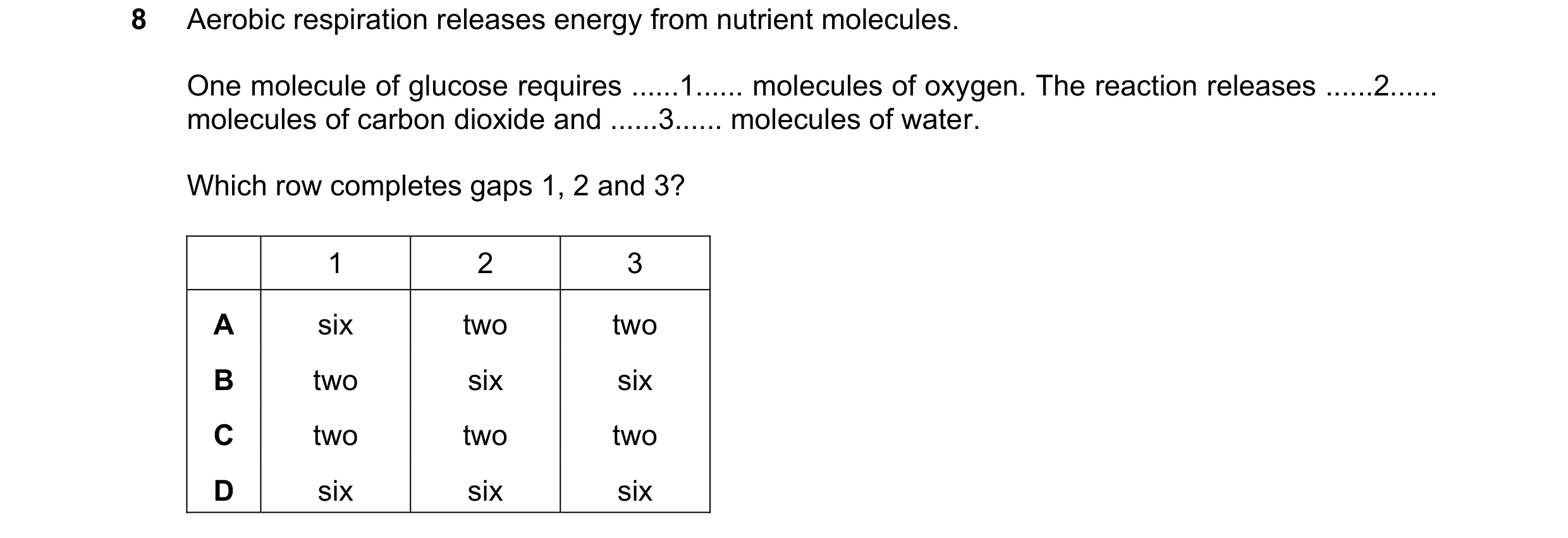 Question 14: Aerobic respiration releases energy from nutrient molecules. One molecule of glucose requires ......1...... molecules of oxygen. The reacti…