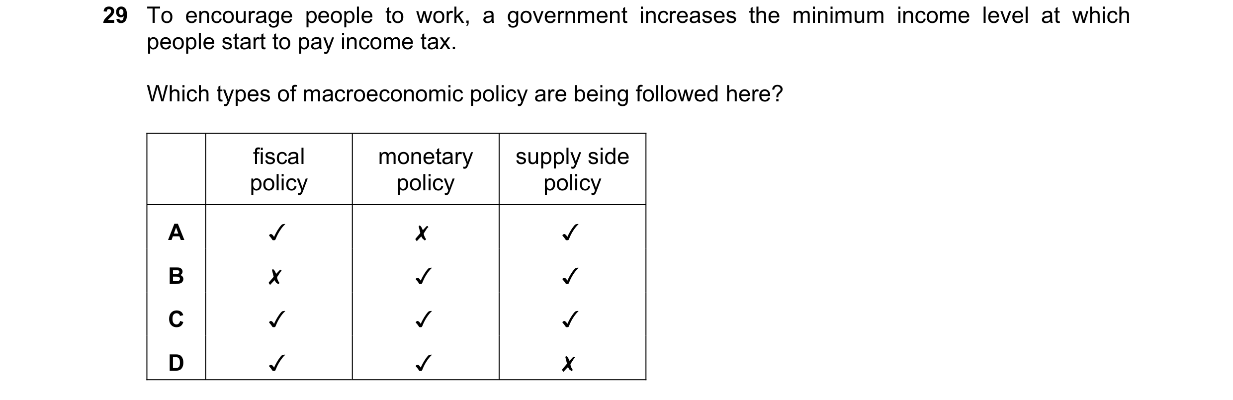 Question 57: To encourage people to work, a government increases the minimum income level at which
people start to pay income tax.
Which types of macro…