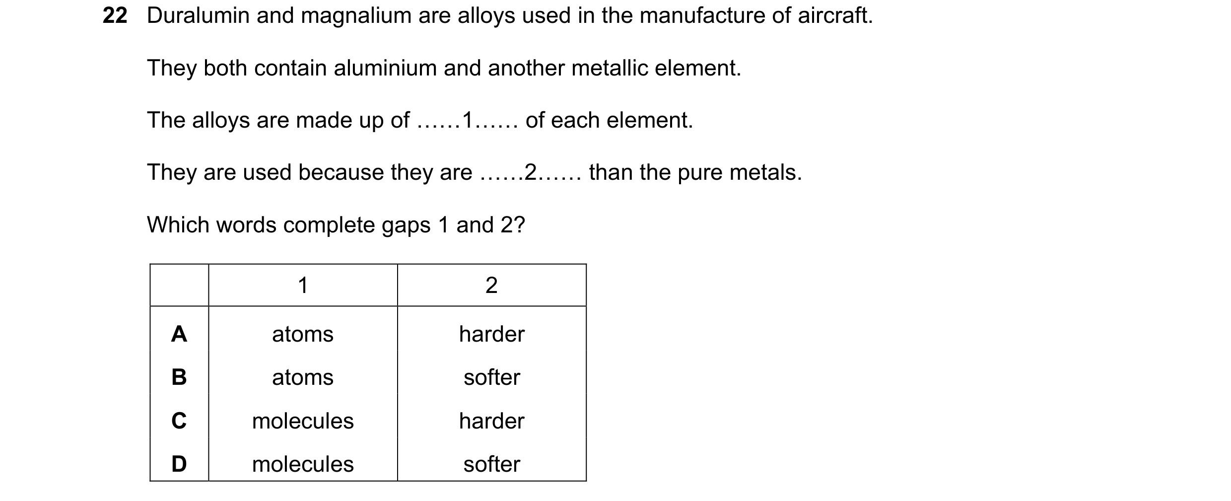 Question 12: Duralumin and magnalium are alloys used in the manufacture of aircraft. They both contain aluminium and another metallic element. The alloy…