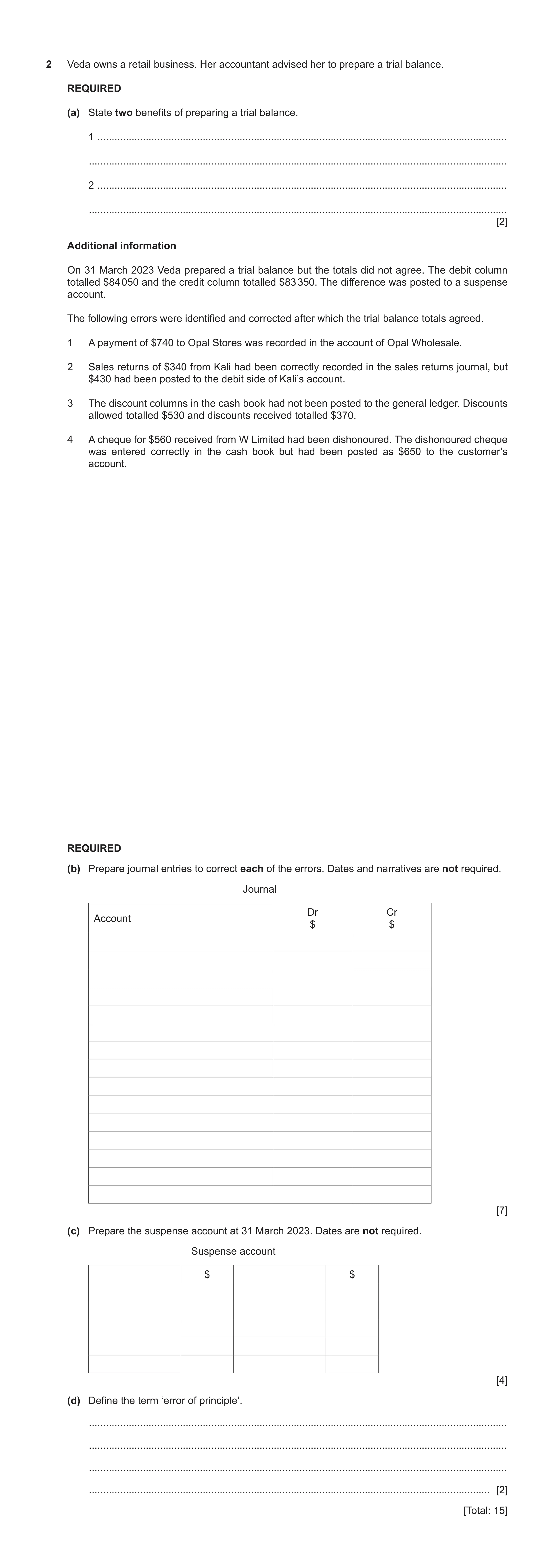 Question 41: Veda owns a retail business. Her accountant advised her to prepare a trial balance. REQUIRED (a) State two benefits of preparing a trial ba…