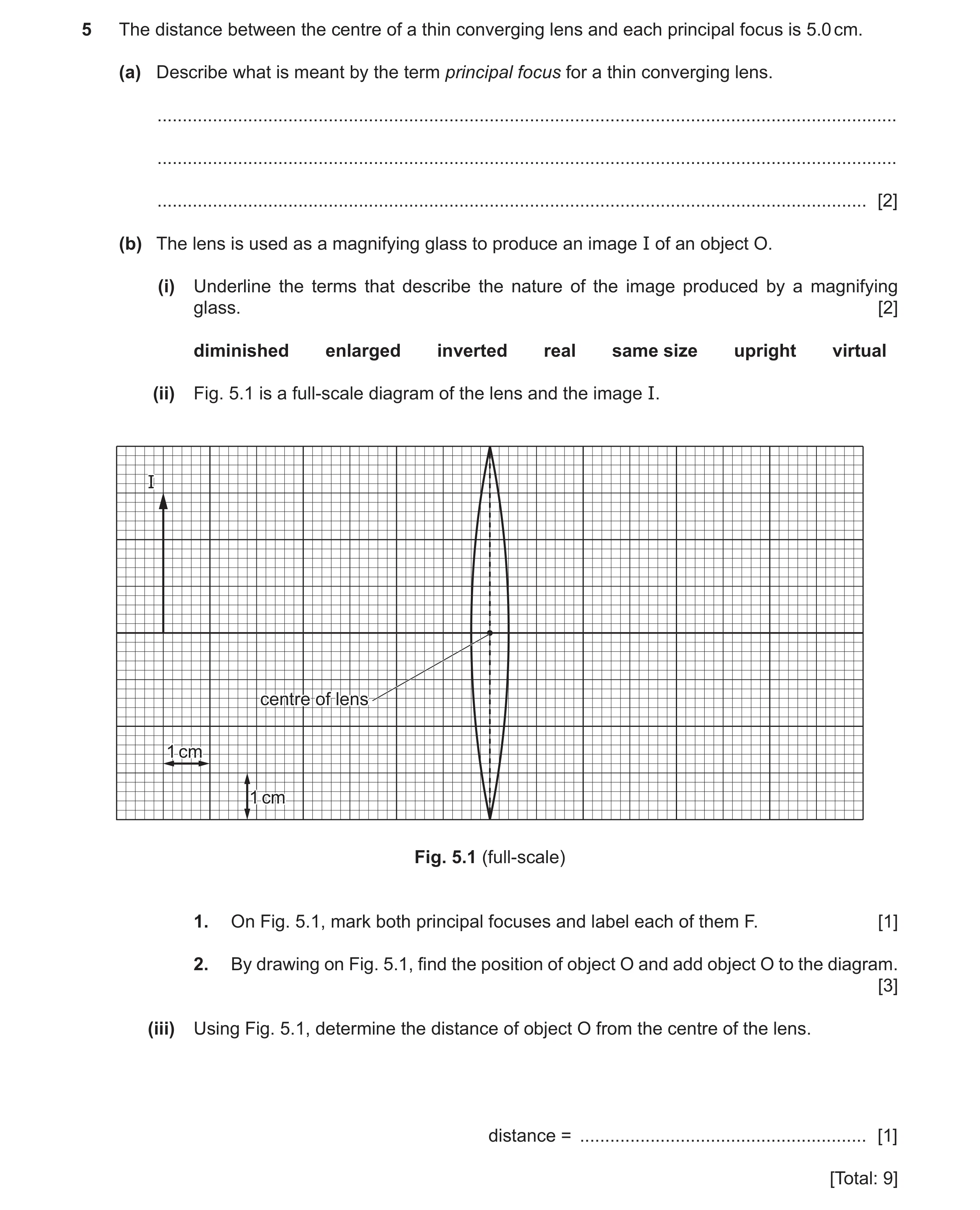 Question 22: The distance between the centre of a thin converging lens and each principal focus is 5.0 cm. (a) Describe what is meant by the term princi…