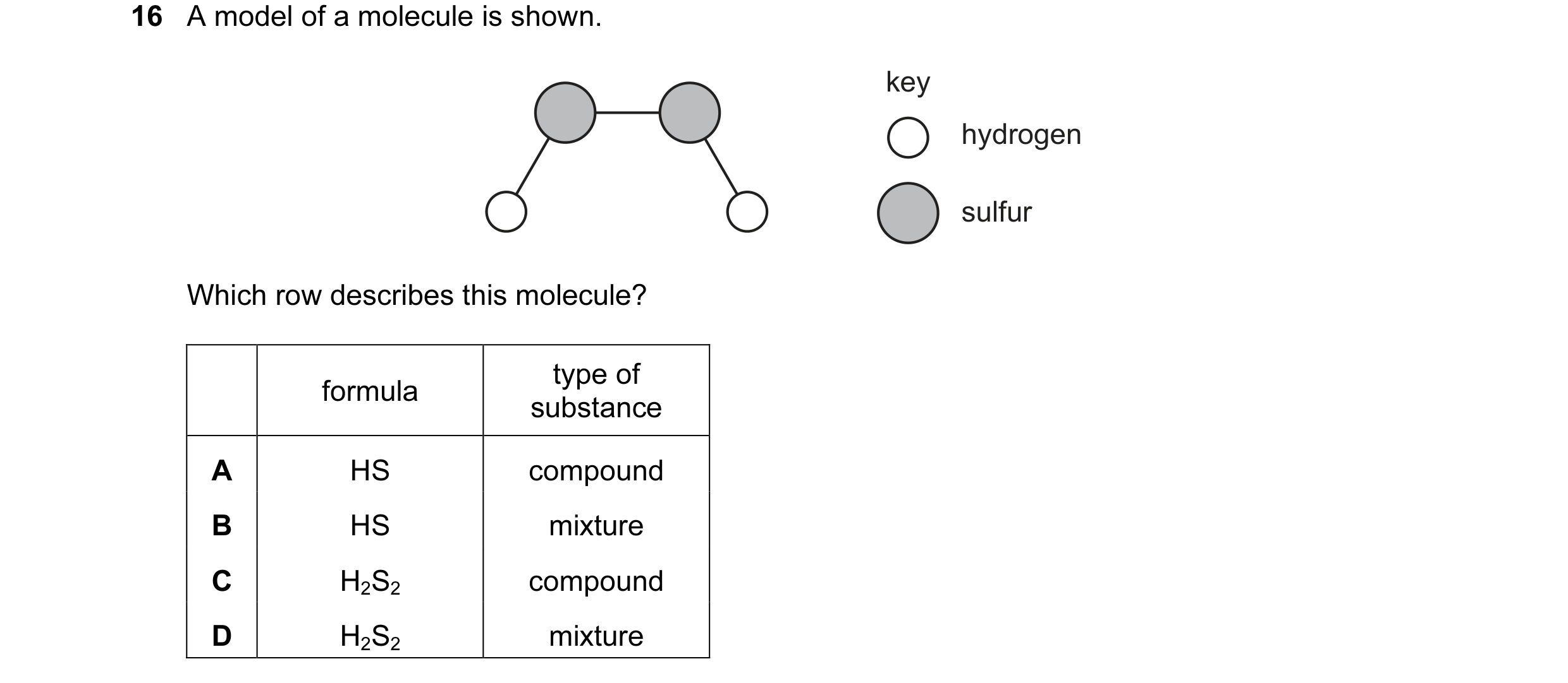 Question 32: A model of a molecule is shown. key hydrogen sulfur Which row describes this molecule? type of formula substance A HS compound B HS mixture…