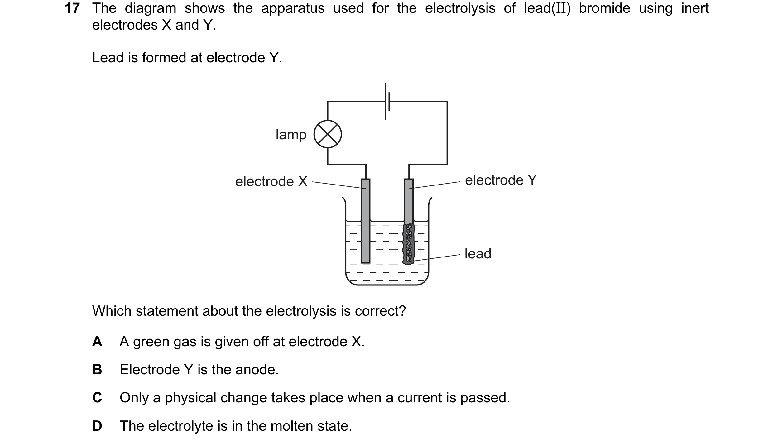 Question 47: The diagram shows the apparatus used for the electrolysis of lead(II) bromide using inert electrodes X and Y. Lead is formed at electrode Y…