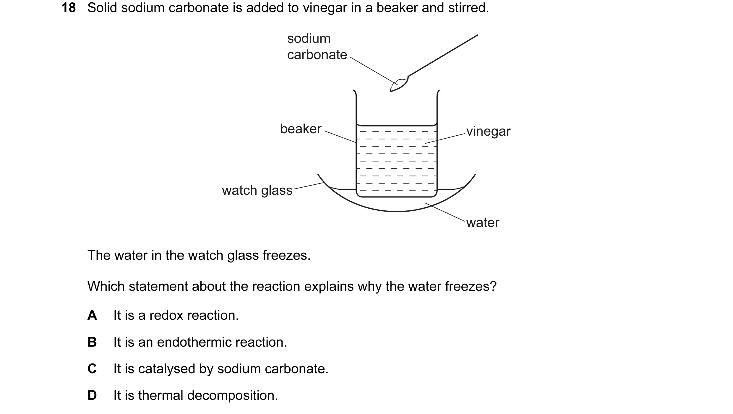 Question 21: Solid sodium carbonate is added to vinegar in a beaker and stirred. sodium carbonate beaker vinegar watch glass water The water in the watc…