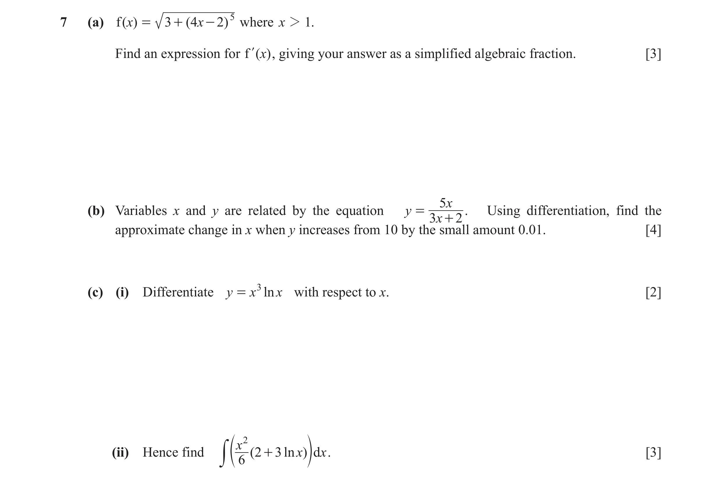 Question 16: (a) f ( x) = 3 + ( 4 x - 2) 5 where x 2 1. Find an expression for f l ( x) , giving your answer as a simplified algebraic fraction. [3] 5x …