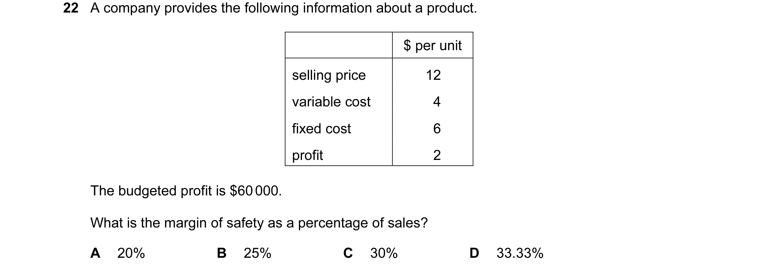 Question 55: A company provides the following information about a product. $ per unit selling price 12 variable cost 4 fixed cost 6 profit 2 The budgete…
