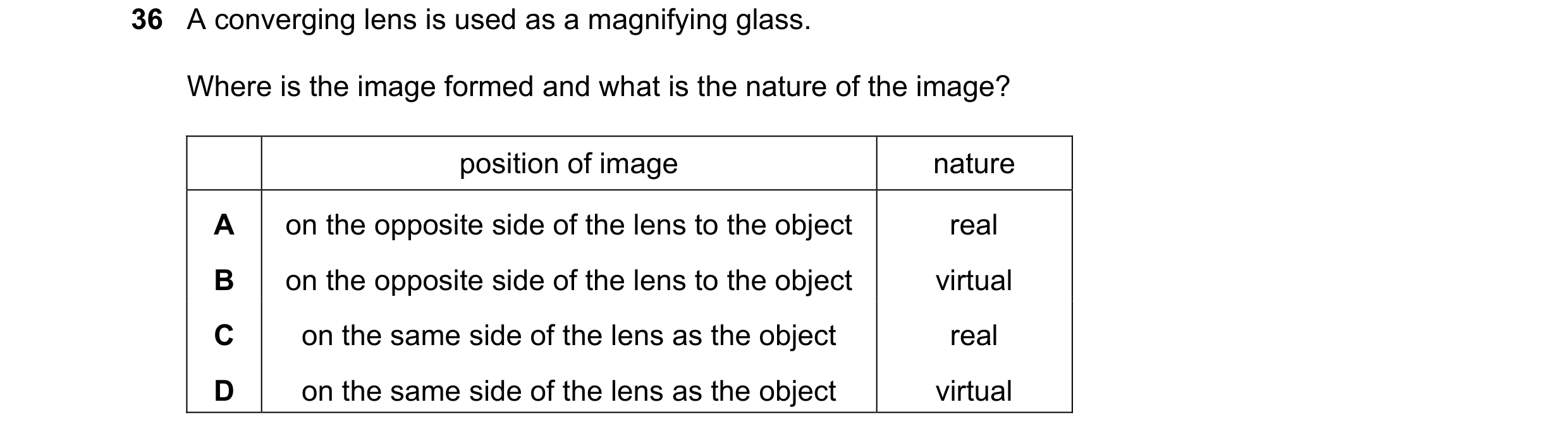 Question 23: A converging lens is used as a magnifying glass. Where is the image formed and what is the nature of the image? position of image nature A …