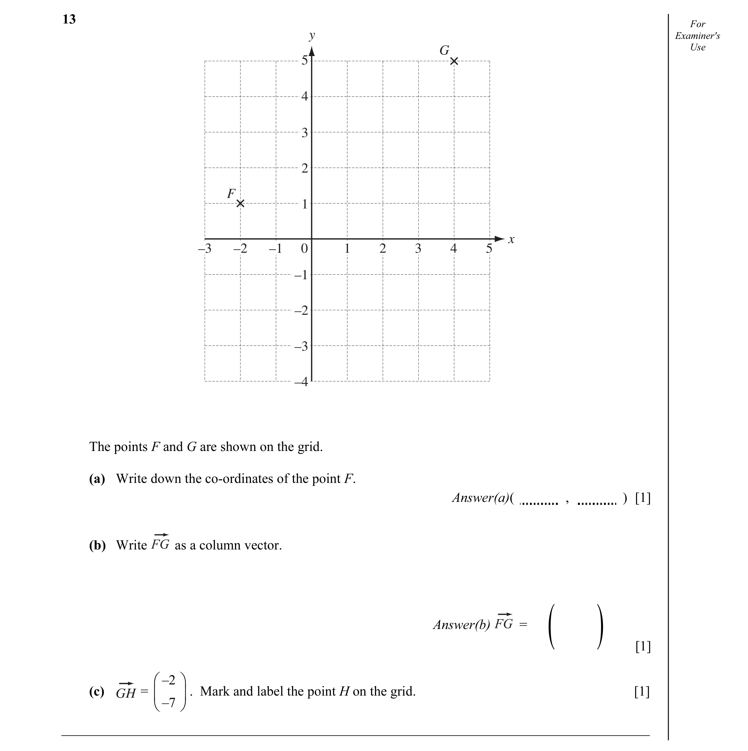 Question 3: For y Examiner's G Use 5 4 3 2 F 1 x –3 –2 –1 0 1 2 3 4 5 –1 –2 –3 –4 The points F and G are shown on the grid. (a) Write down the co-ordin…