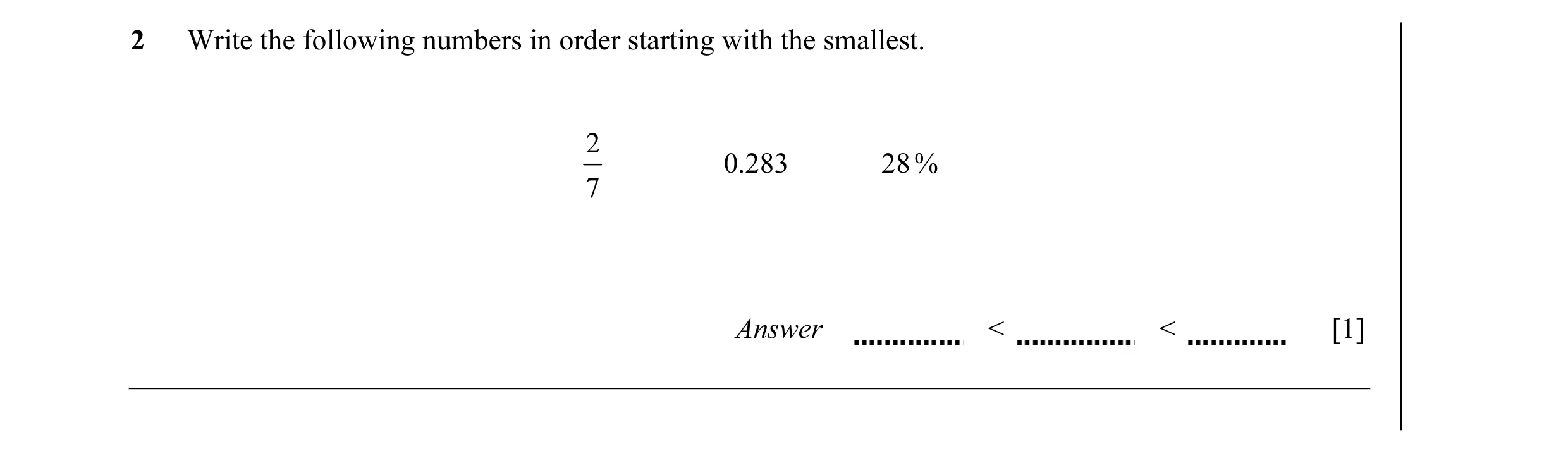 Question 4: Write the following numbers in order starting with the smallest. 2 0.283 28 % 7 Answer < < [1]