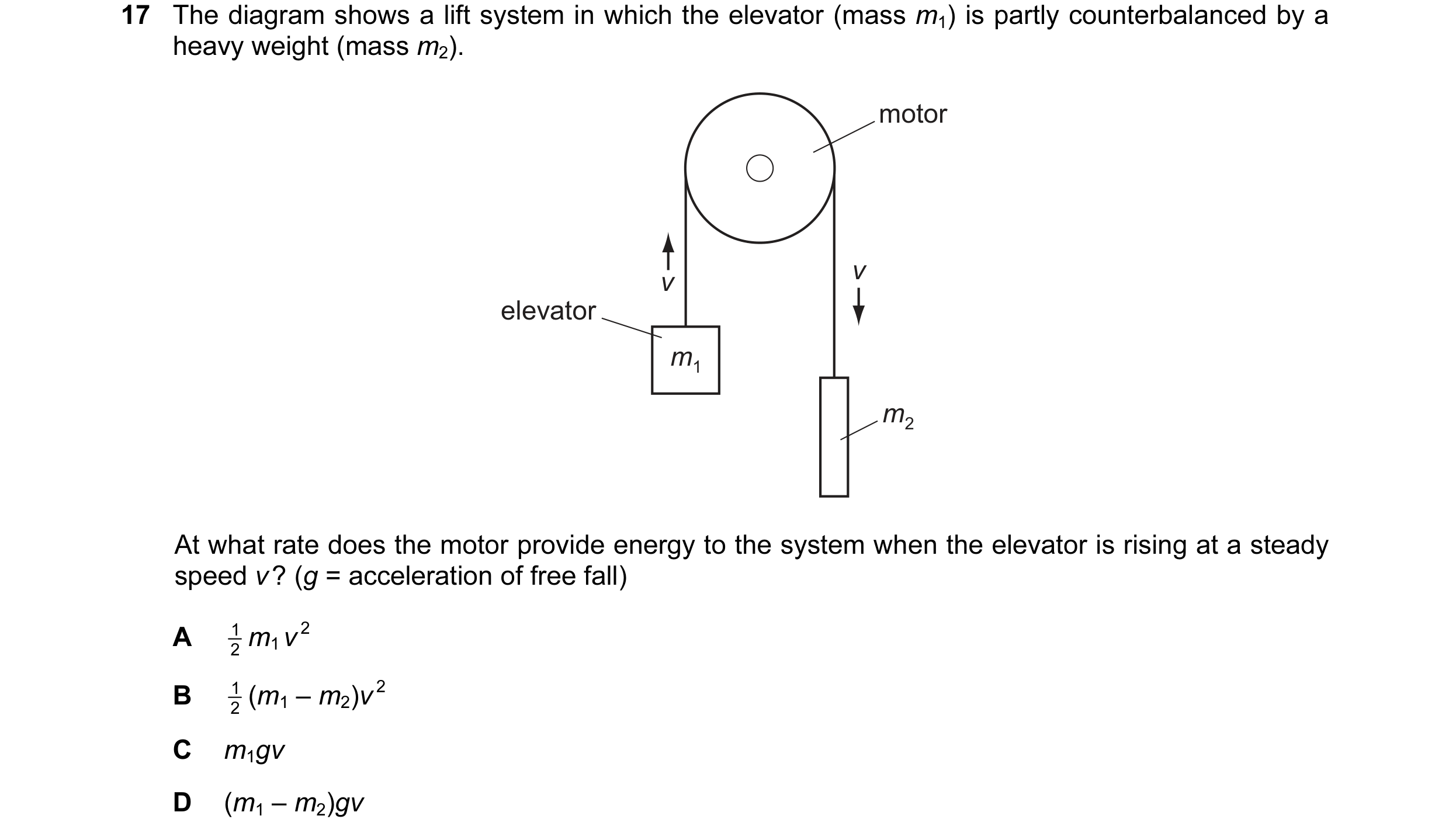 Question 20: The diagram shows a lift system in which the elevator (mass m1) is partly counterbalanced by a heavy weight (mass m2). motor v v elevator m…