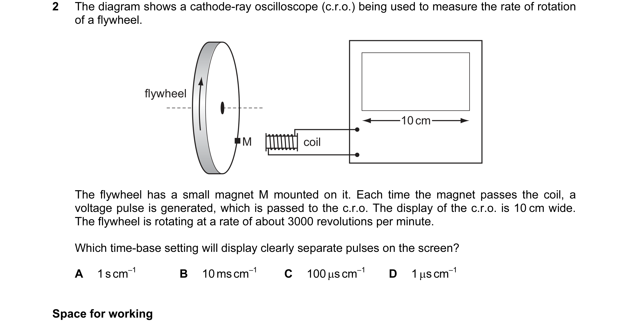 Question 11: The diagram shows a cathode-ray oscilloscope (c.r.o.) being used to measure the rate of rotation of a flywheel. flywheel 10 cm M coil The f…