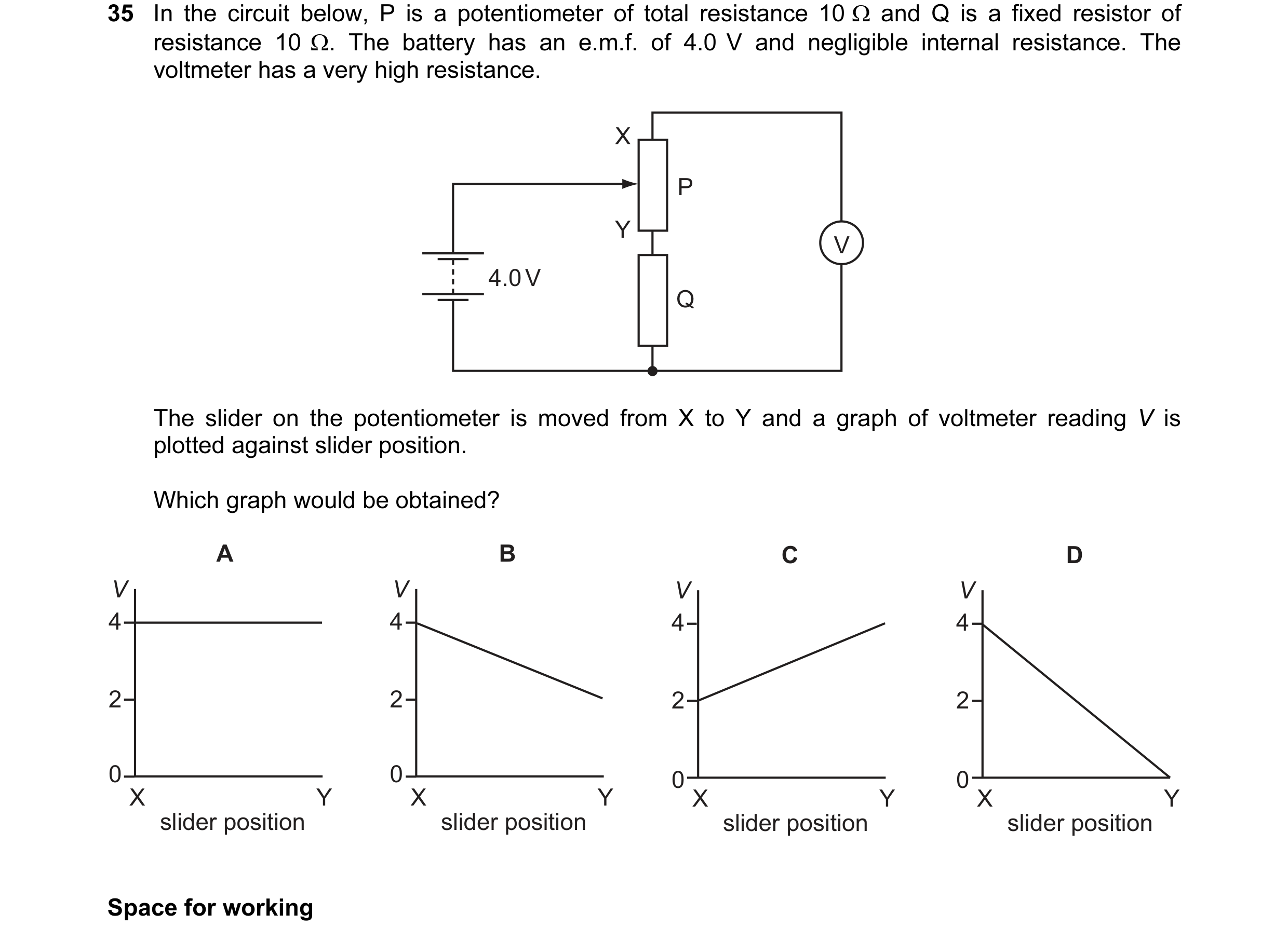 Question 16: In the circuit below, P is a potentiometer of total resistance 10 Ω and Q is a fixed resistor of resistance 10 Ω. The battery has an e.m.f.…