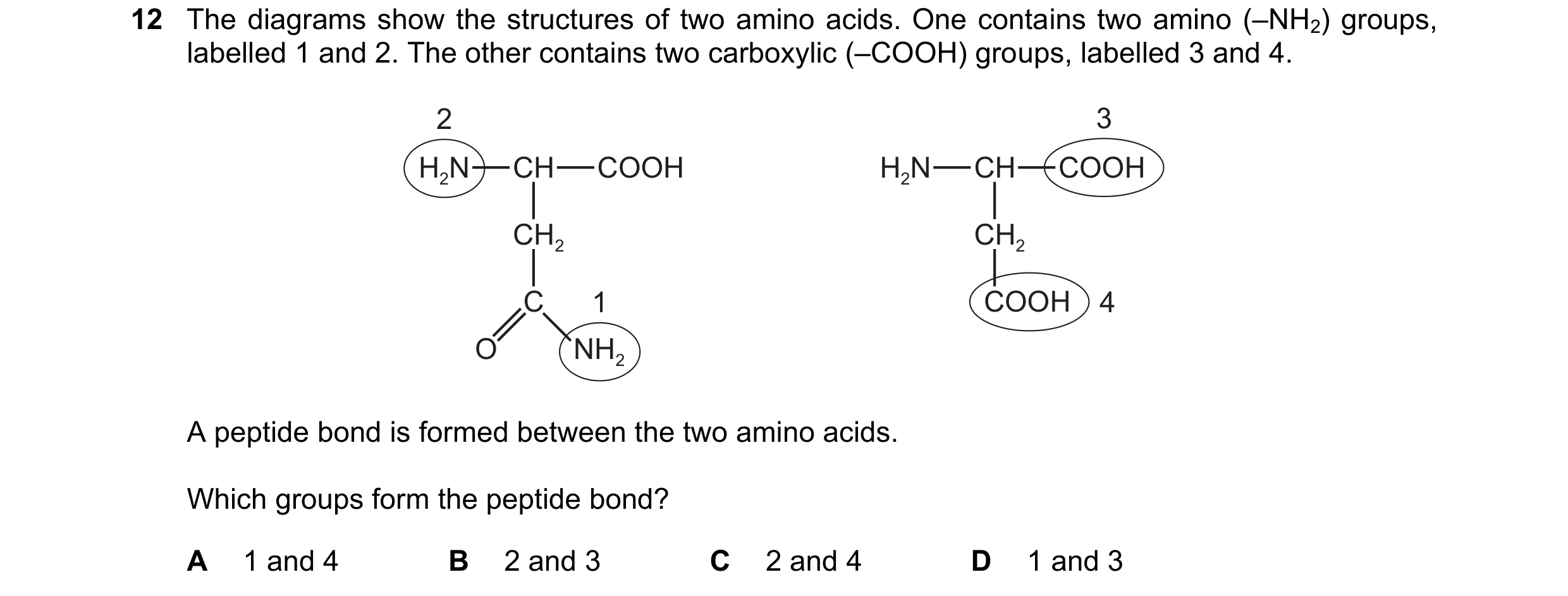 Question 184: The diagrams show the structures of two amino acids. One contains two amino (–NH2) groups, labelled 1 and 2. The other contains two carboxy…