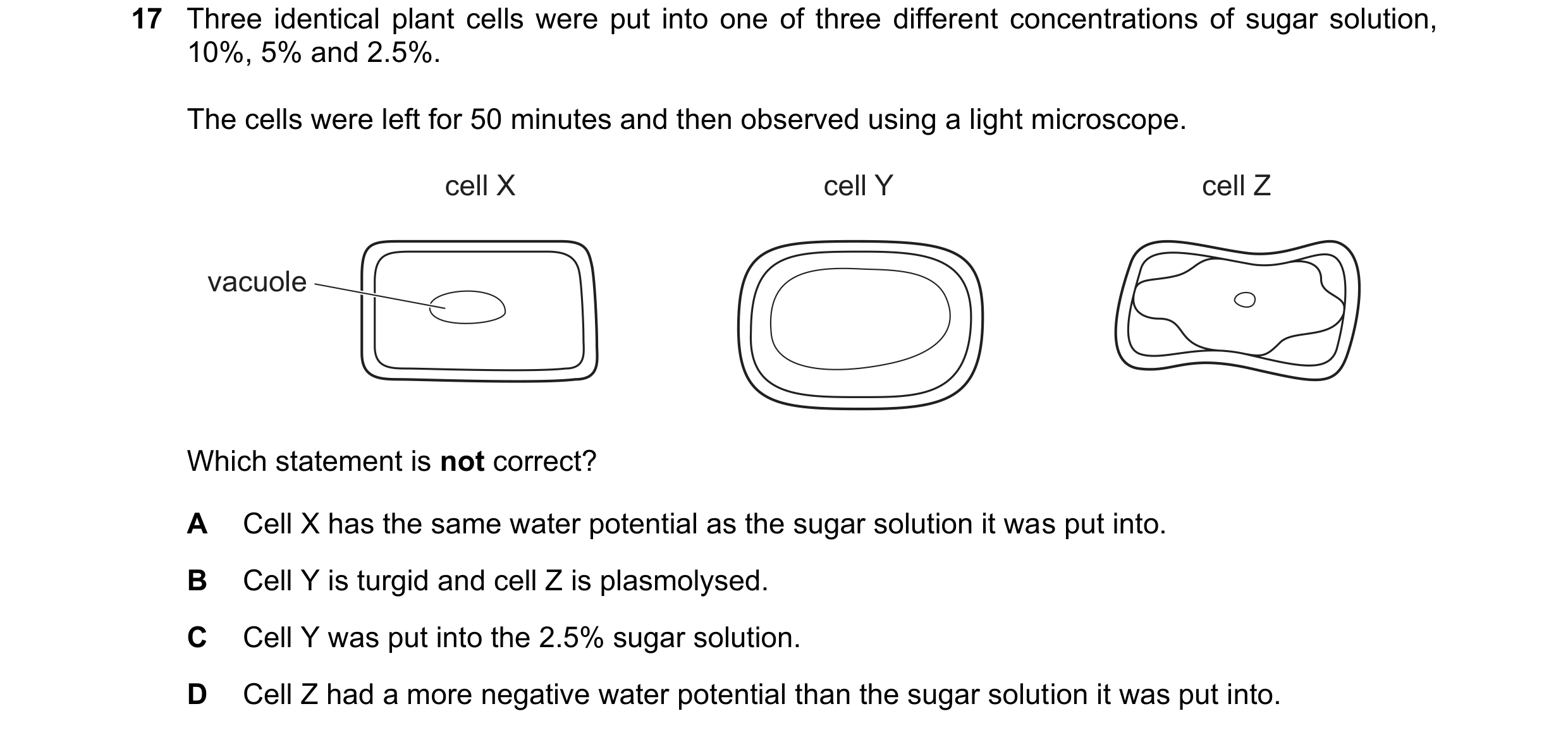 Question 181: Three identical plant cells were put into one of three different concentrations of sugar solution, 10%, 5% and 2.5%. The cells were left fo…