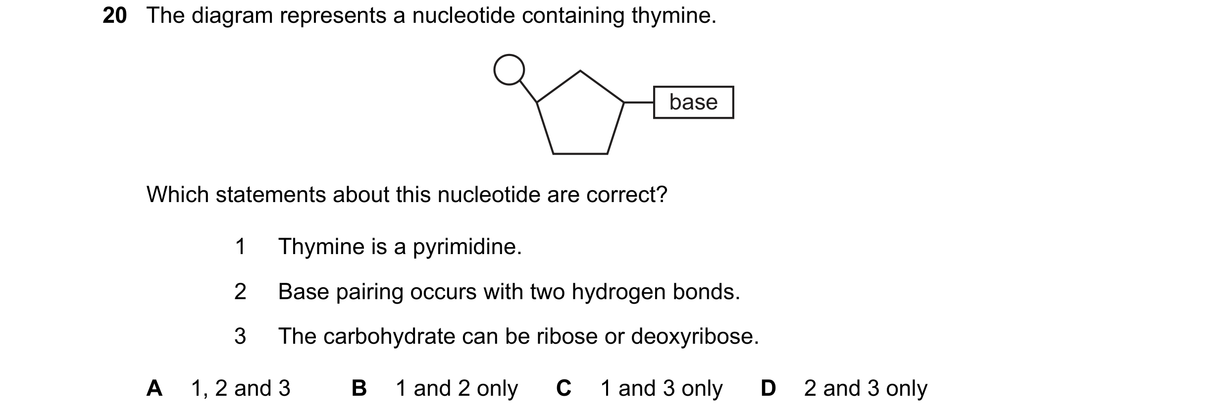 Question 166: The diagram represents a nucleotide containing thymine. base Which statements about this nucleotide are correct? 1 Thymine is a pyrimidine.…