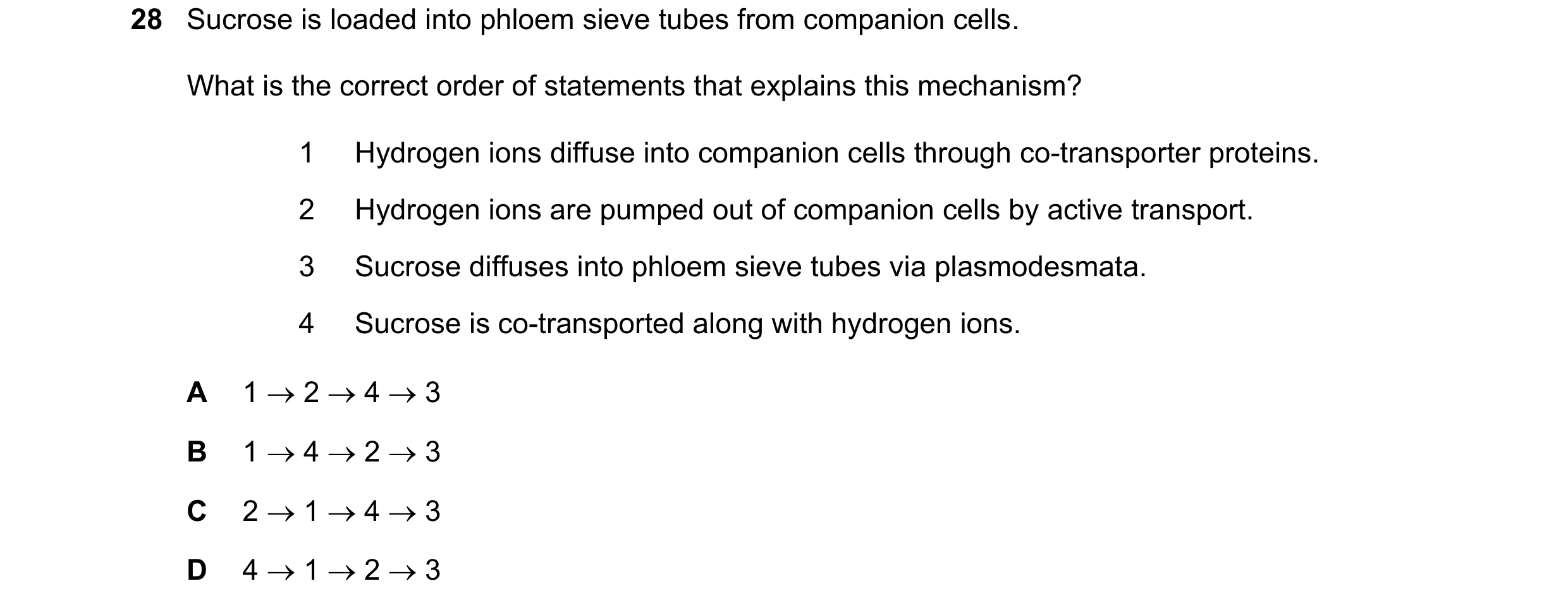 Question 247: Sucrose is loaded into phloem sieve tubes from companion cells. What is the correct order of statements that explains this mechanism? 1 Hyd…