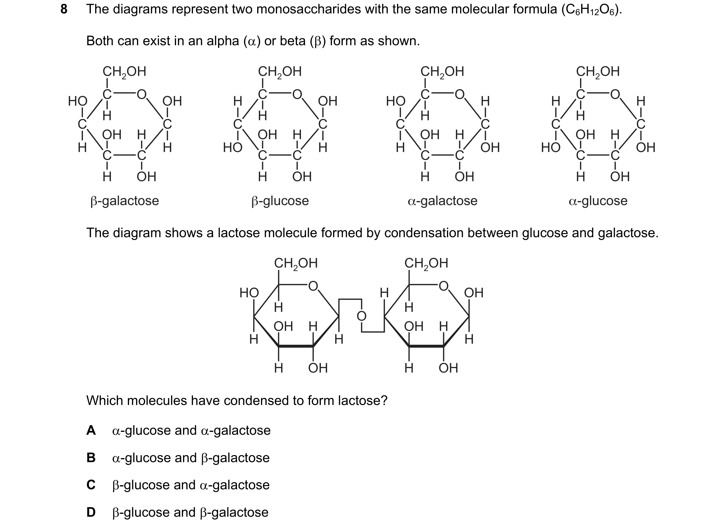 Question 257: The diagrams represent two monosaccharides with the same molecular formula (C6H12O6). Both can exist in an alpha () or beta () form as sh…