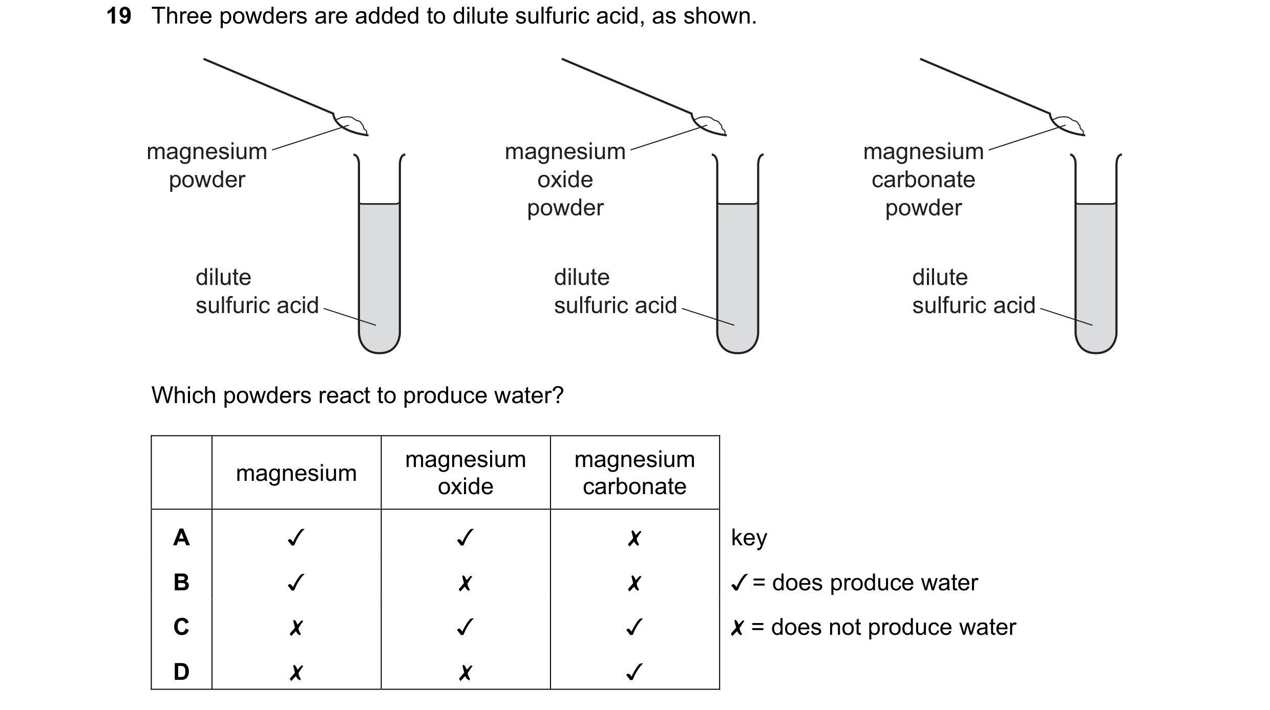 Question 24: Three powders are added to dilute sulfuric acid, as shown.

magnesium
powder

dilute
sulfuric acid

Which powders react to produce water?

…