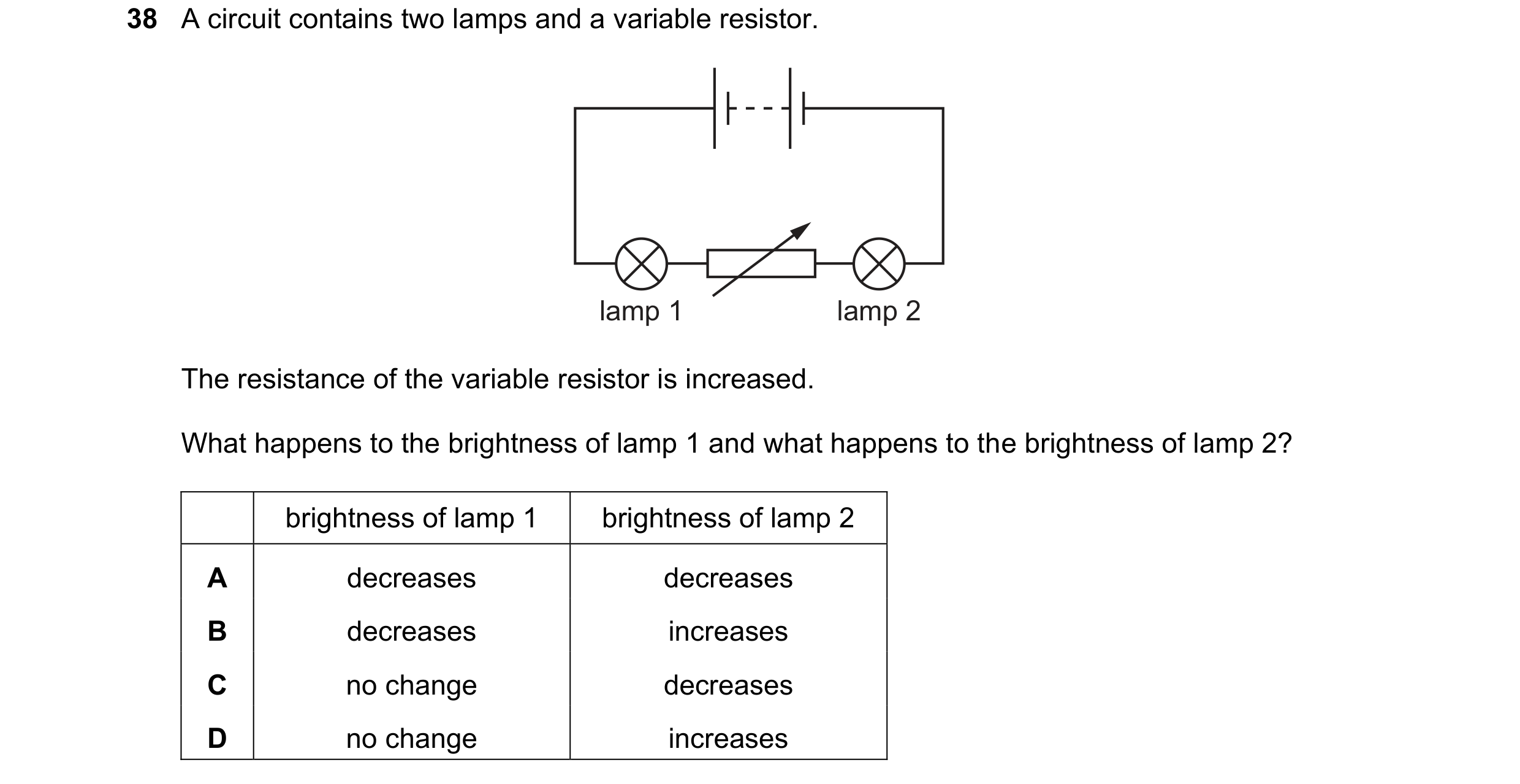 Question 57: A circuit contains two lamps and a variable resistor. lamp 1 lamp 2 The resistance of the variable resistor is increased. What happens to t…